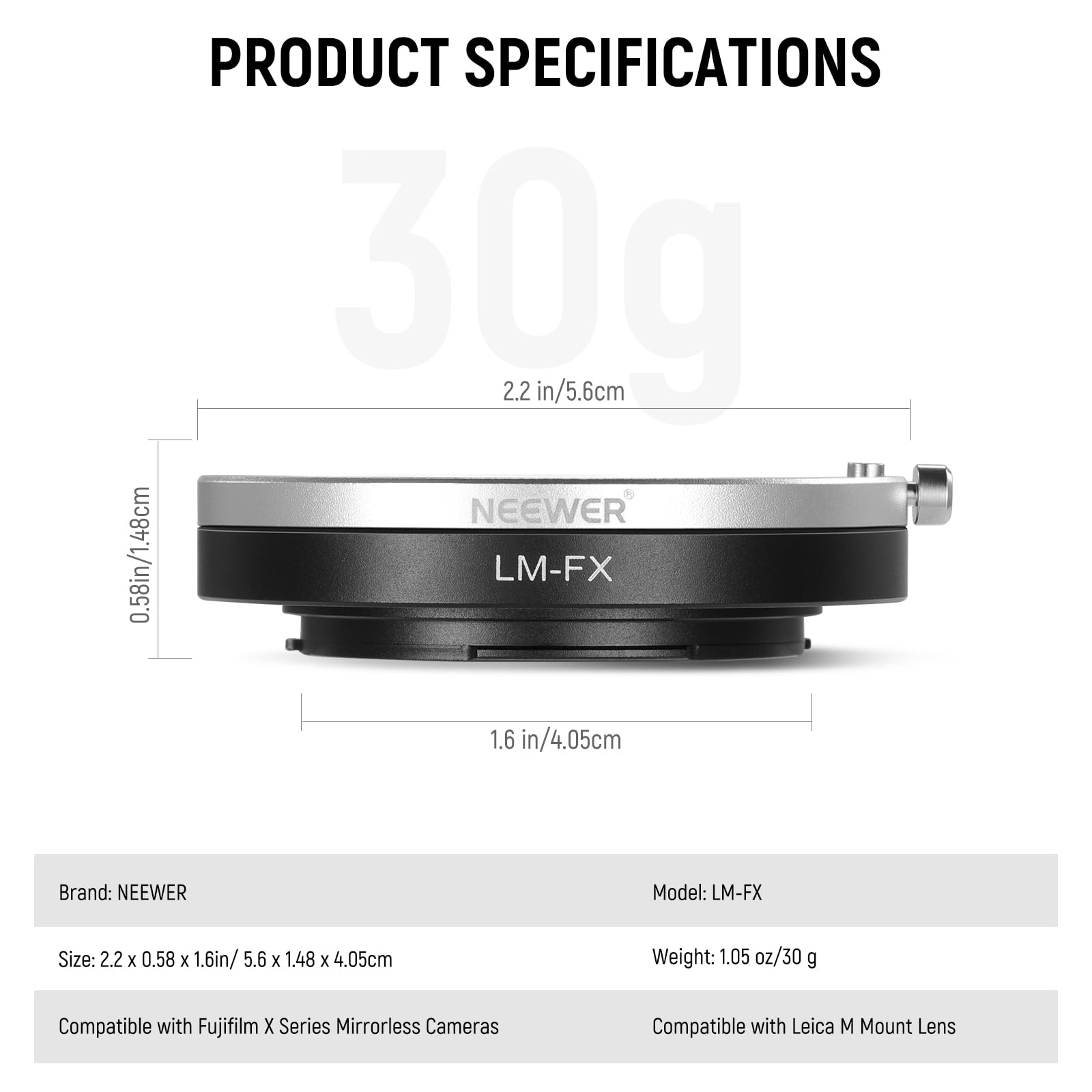 NEEWER LM auf Fuji X Objektiv Montage Adapter, kompatibel mit Leica M Objektiv zu Fujifilm X Serie spiegellose Kamera X-T2 X-T3 X-T5 X-T20 X-Pro3 X-Pro2 usw., Mattschwarz, nur manueller Fokus, LM-FX