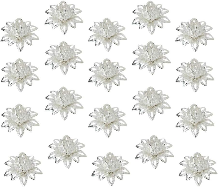 SUPVOX 20Pcs Lotus Flower Bead Caps Silver Filigree End Caps for Jewelry Making Necklace Bracelet Accessories 0.62 Inch Copper Holder - Image 4