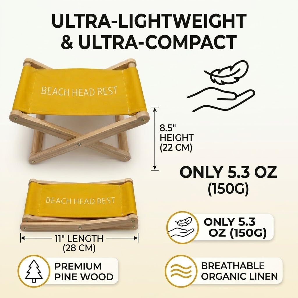 Beach Headrest Yellow, Aesthetic Beach Pillow & Head Hammock for Sand, Foldable Portable Neck Support for Sunbathing & Reading, Lightweight Organic Linen & Pine Wood Summer Beach Gear
