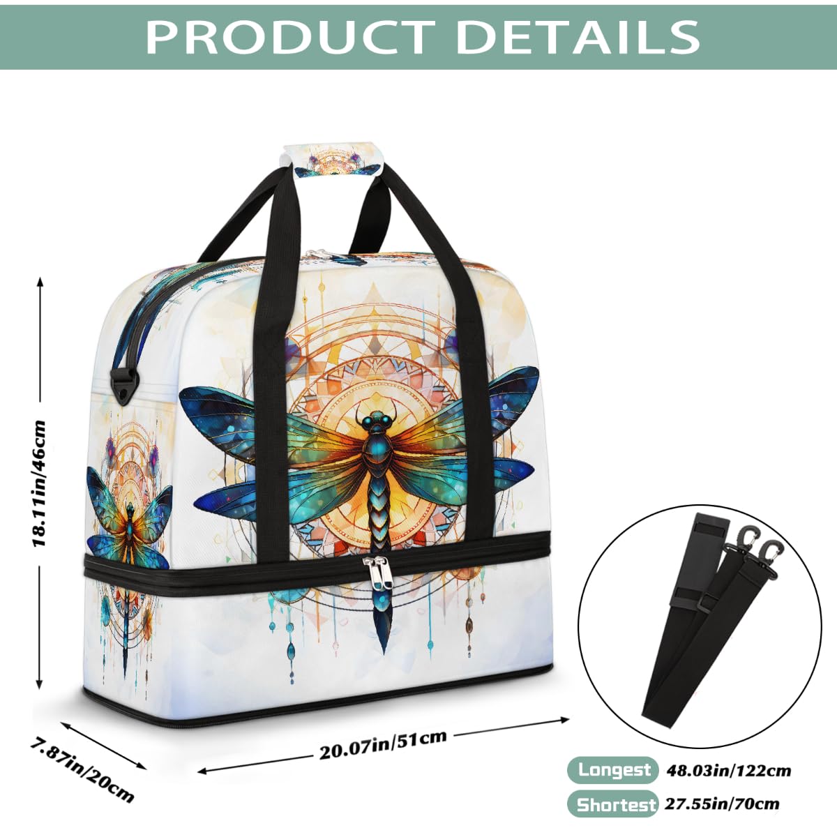 Borsone da viaggio pieghevole con motivo mandala psichedelico, borsa da palestra espandibile con scomparto per scarpe, grande capacità, borsa da weekender, borsa da viaggio, sport, viaggi notturni