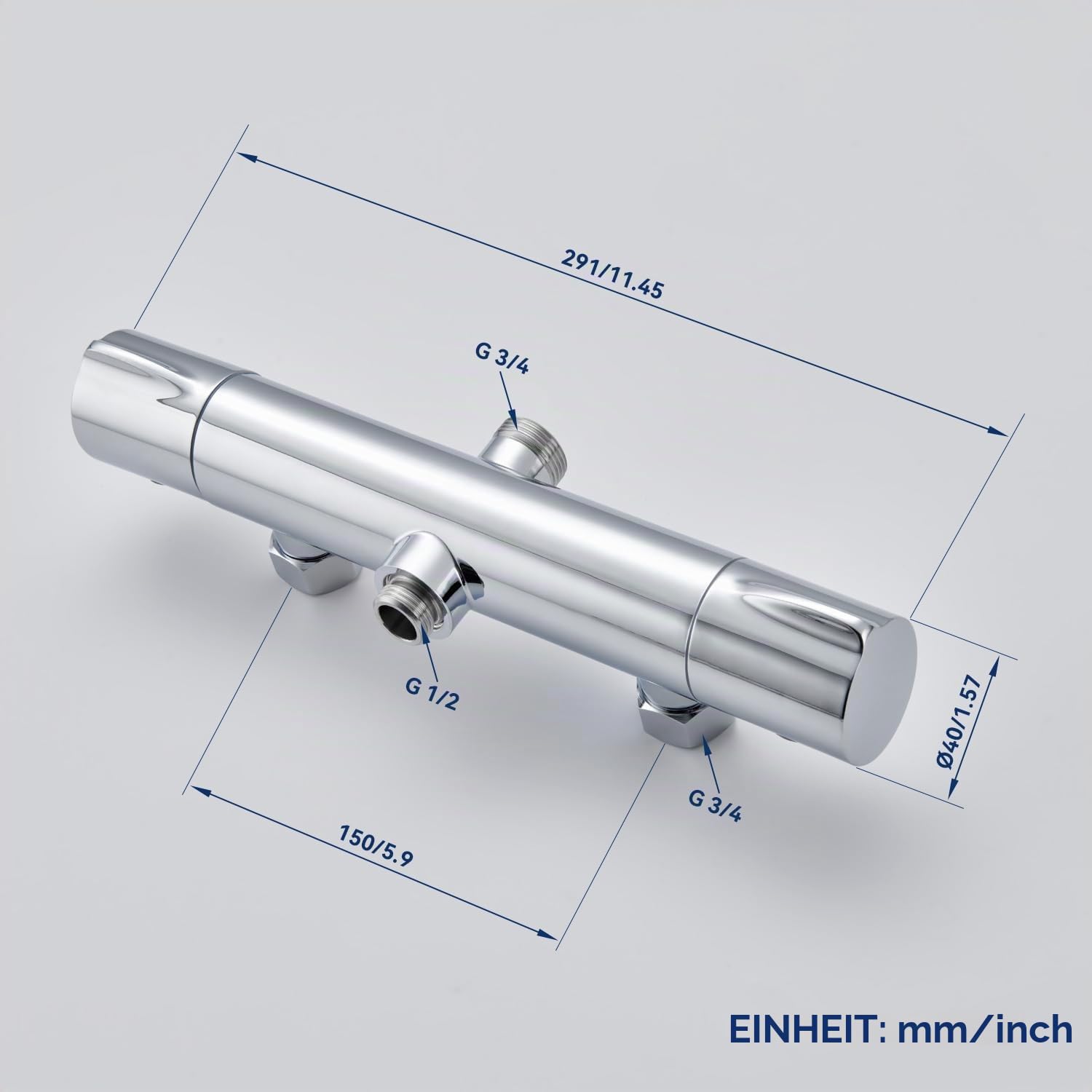 Duscharmatur mit Thermostat 2 Auslässe Chrom, rund | Messing, Keramikkartusche, 3/4" oben + 1/2" unten, temperaturstabil, 38°C Sperre, 150mm Abstand, ohne Schlauch & Stange