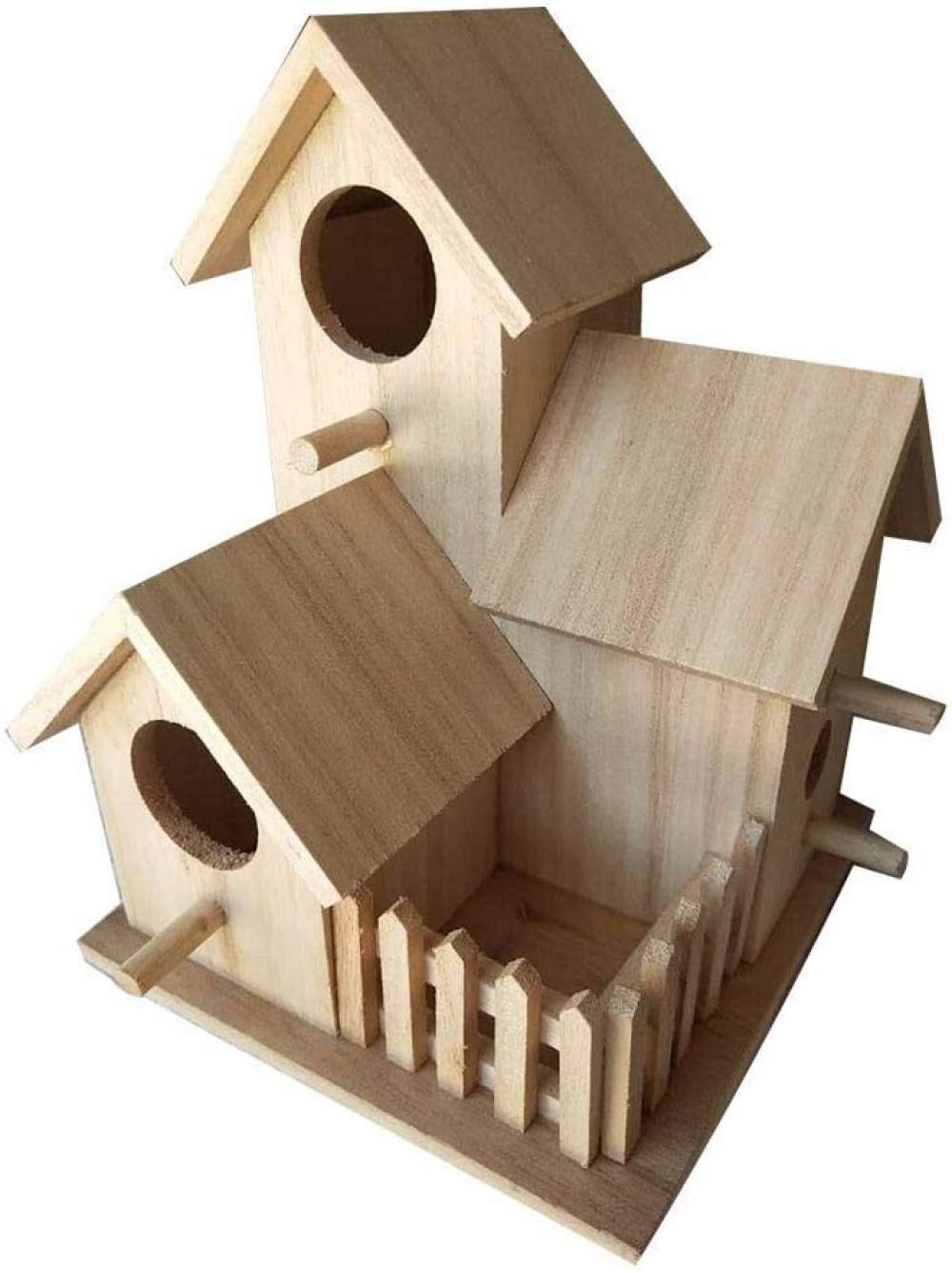 Mangiatoie per Uccelli da Esterno, Casetta for Uccelli in Legno e mangiatoia 3 Casette con Recinzione Fai da Te, Blu Non Verniciato, con Gancio in Metallo