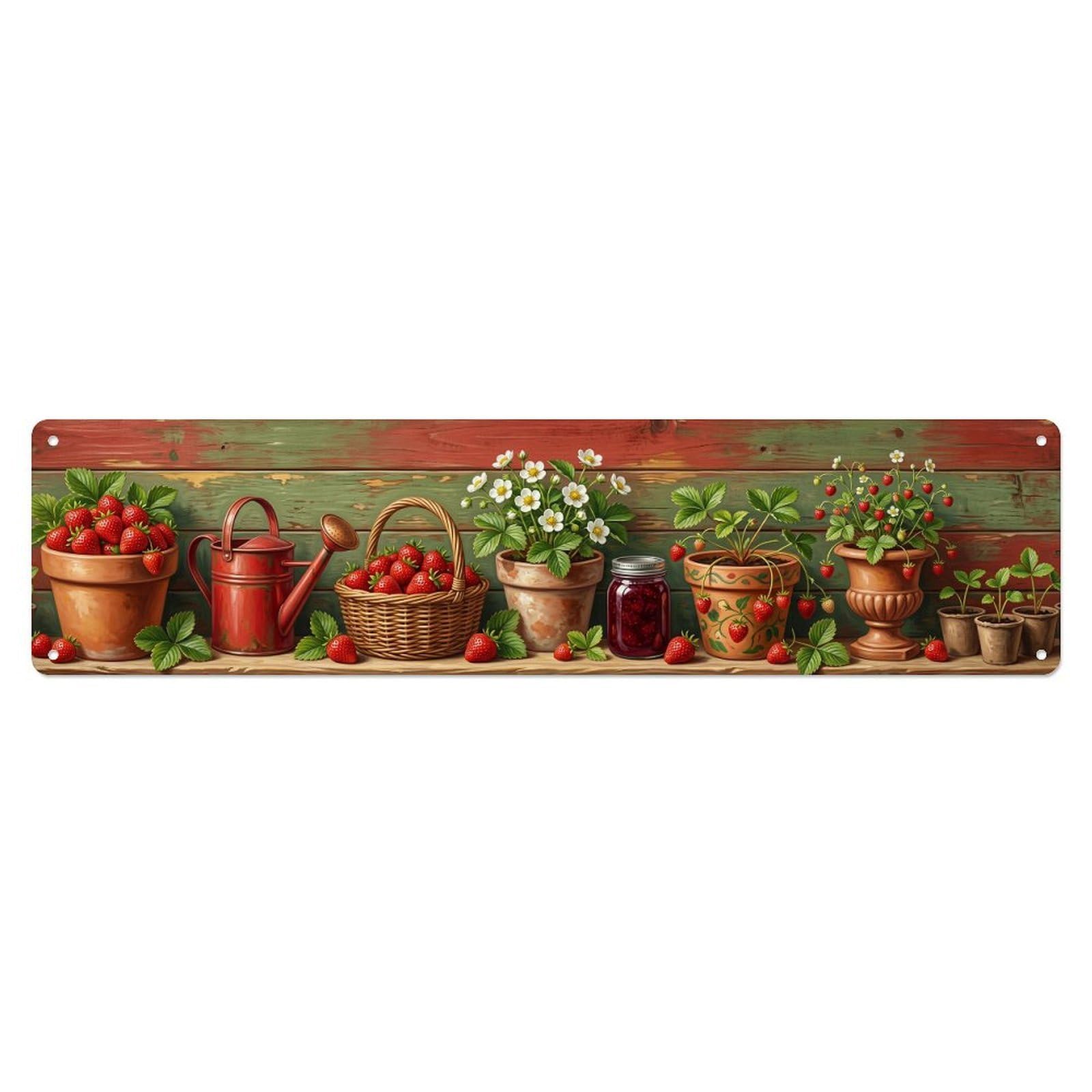 Floral Garden Tools Strawberry Patch Pattern Print Metal Tin Sign