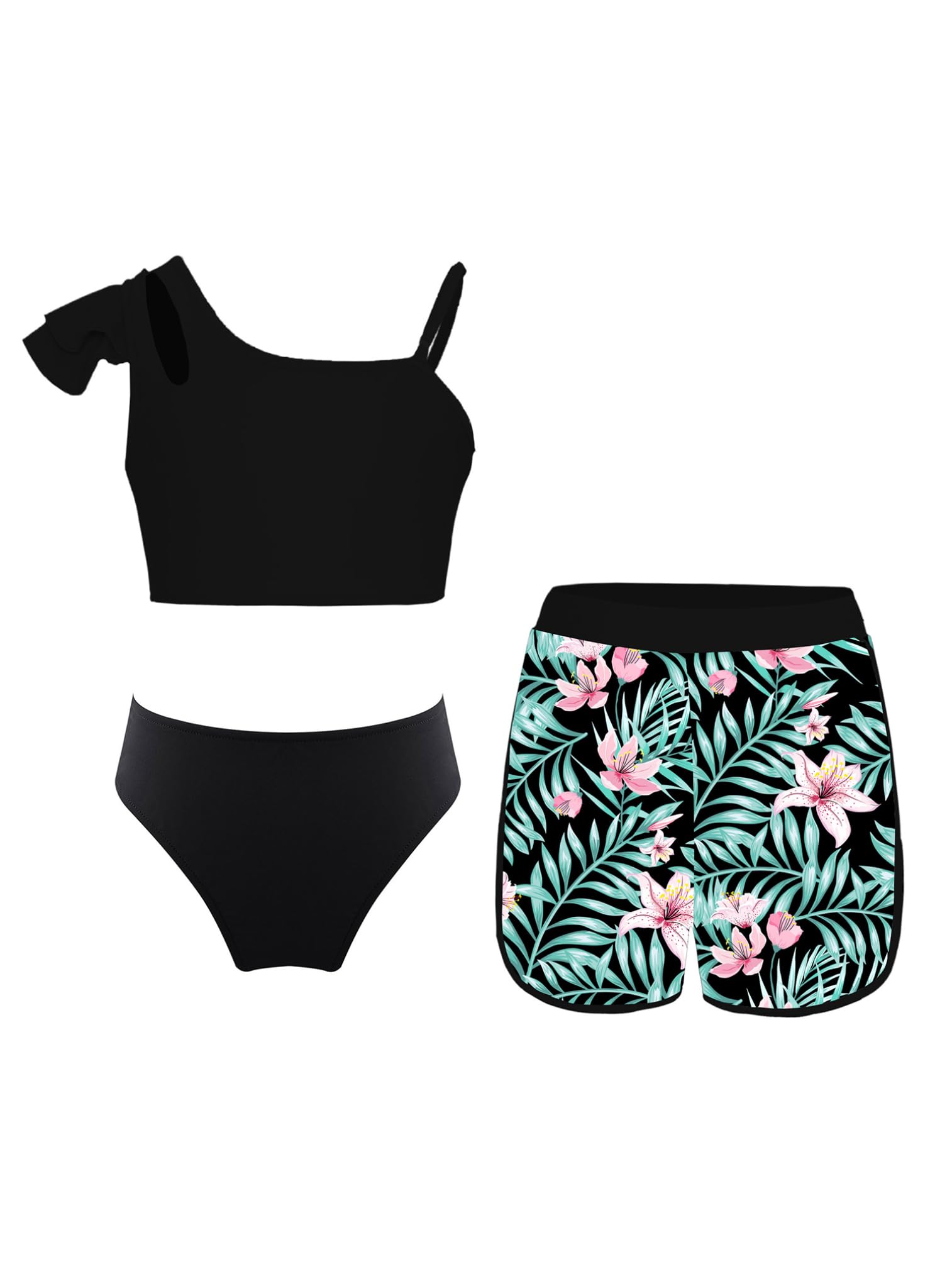 ranrann Ensemble Maillot de Bain Fille Enfant Ado 3 Pièces Débardeur + Bas de Bain + Short Imprimé Tropical Natation Plage 5-16 Ans