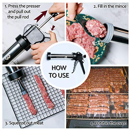 WILDDIGIT Beef Jerky Gun, Jerky Maker Gun, Easy Clean Stainless Steel Jerky Making Kits, Handheld Sausage Stuffers with 5 Pcs Beef Stick & Flat Strip Nozzles (Stainless Steel) and 6 Pcs Brushes