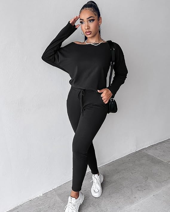 CHICME Women Tracksuit Fall 2 piece Outfits Off The Shoulder Long Sleeve Tops and Pants Set Travel Outfits