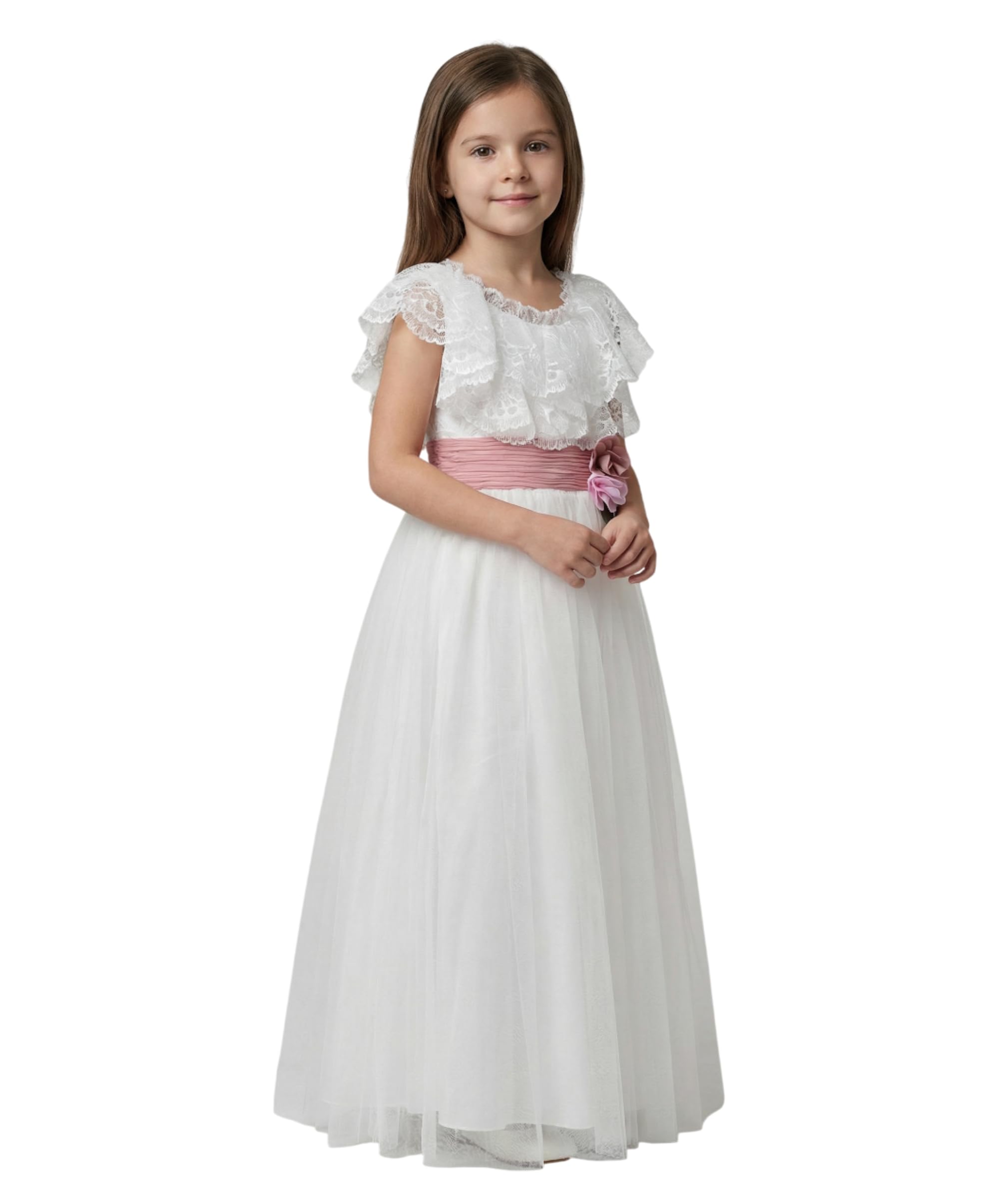 SIRRI Mädchen elfenbeinfarbenes Spitzen-Tüllkleid, Blumenmädchenkleid, bodenlang, Kommunionkleid, Alter 3-12