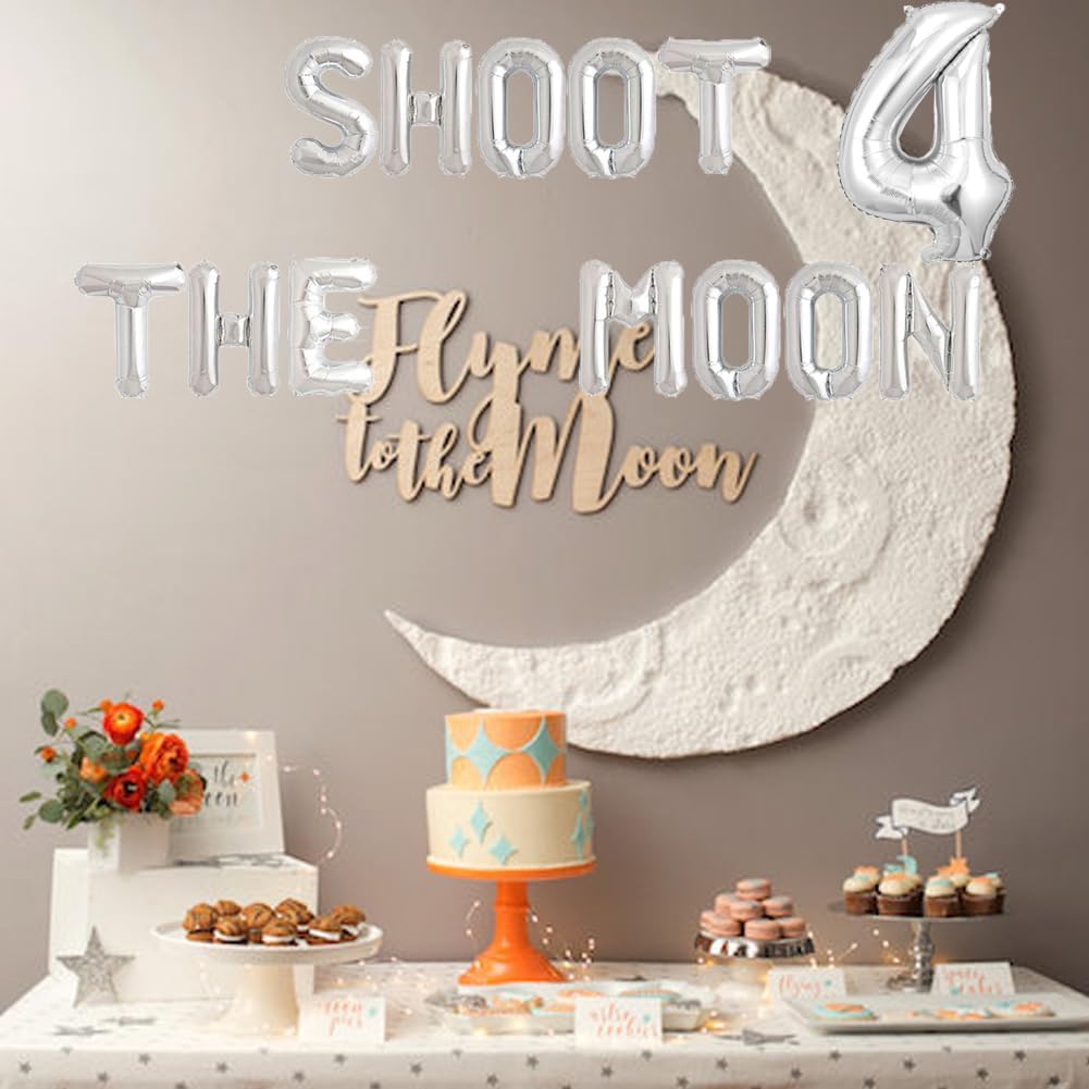 Shoot 4 the Moon Balloons Silver Outer Space 4th Birthday Party Banner Love You to The Moon and Back/Astronaut/Space Man/Robot/Galaxy/UFO Theme Happy Fourth Birthday Party Supplies Decorations