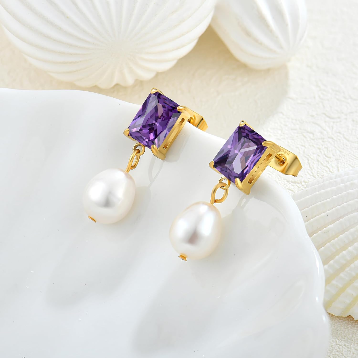 Sterling Silver Cubic Zirconia Dangle Drop Pearl Earrings with 8 * 10mm Irregular Freshwater Cultured Pearls