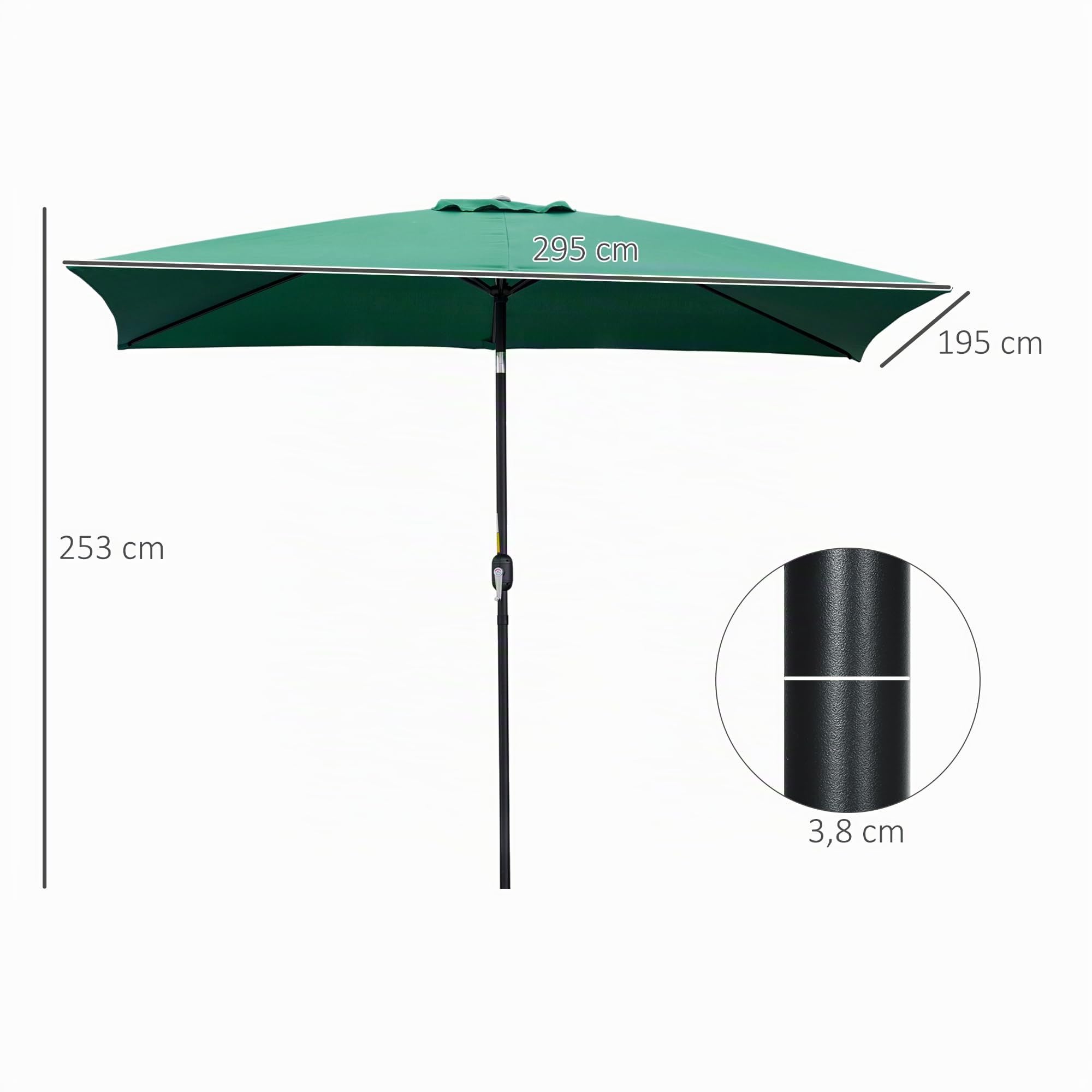 Outsunny Sombrilla de Aluminio 2x3x2,5 m Inclinable con Manivela Verde | Parasol Rectangular de Jardín, Mástil Anti-UV Desmontable, para Terraza Patio Piscina Exterior