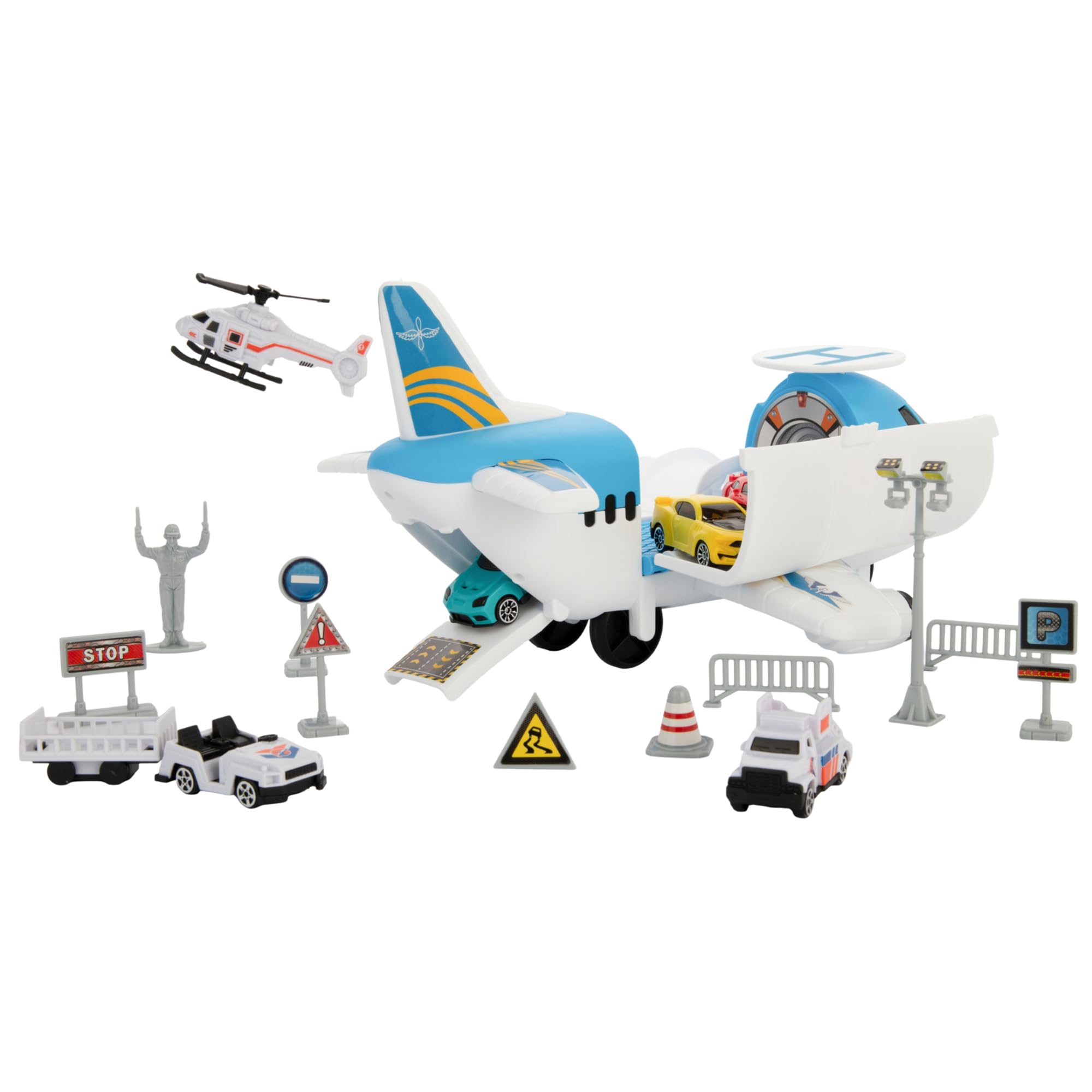 Teamsterz Metro City Flugzeug-Transporter | Frachtflugzeug Spielset mit Autos | Spielzeugflugzeug mit 16 Zubehörteilen: Spielzeugautos & Spielzeughubschrauber | Autotransporter mit Aufbewahrung & Ramp