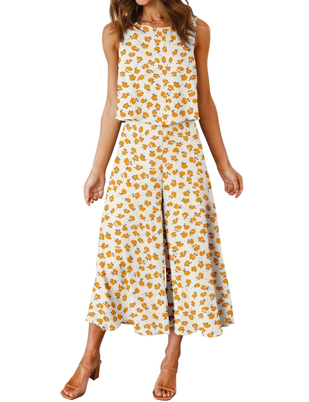 FANCYINN Conjunto para Mujer de Dos Piezas de Verano sin Mangas de Cuello Redondo y pantalón Ancho Cortado