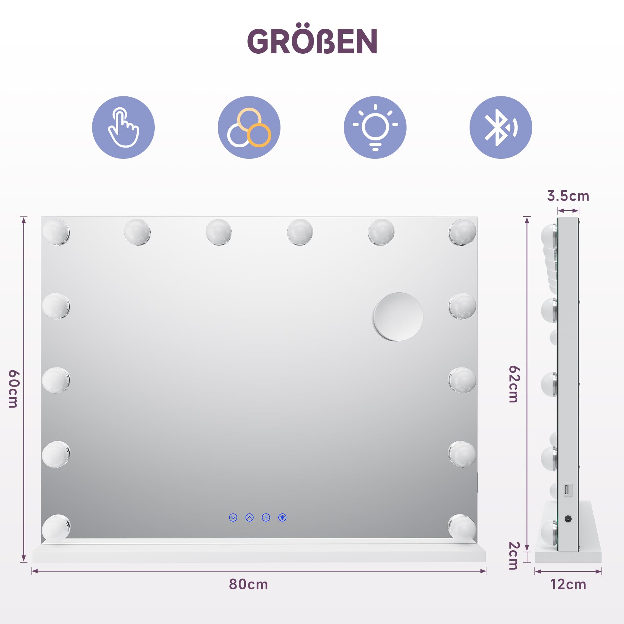 SONNI Specchio Hollywood con illuminazione, 80 x 60 cm, specchio da trucco con Bluetooth e porta di ricarica USB, 14 lampade LED, grande specchio cosmetico con 3 temperature di colore e lente
