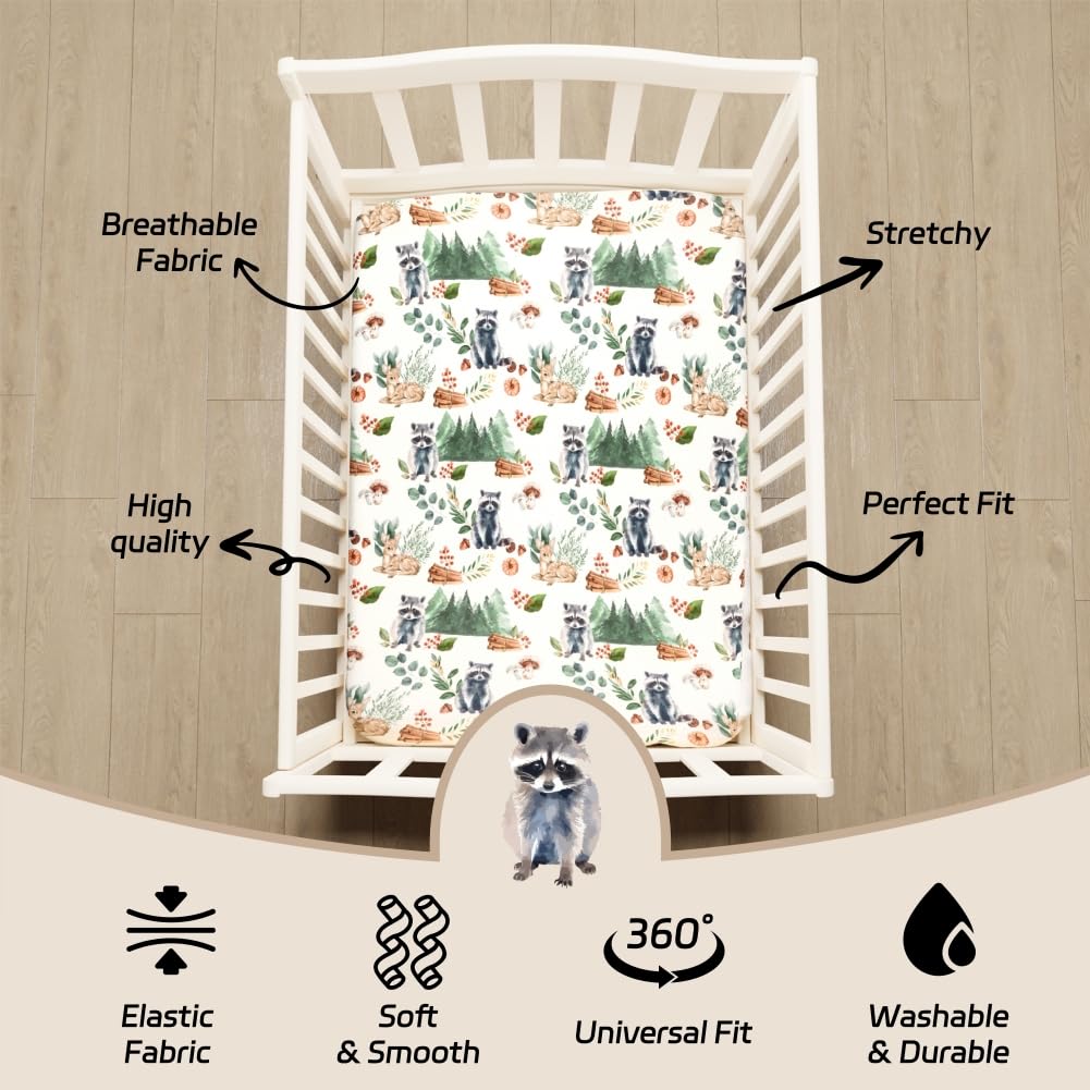 N Play - Juego de 4 sábanas bajeras unisex con diseño de animales del bosque del bosque, para bebés y niñas (mapache)