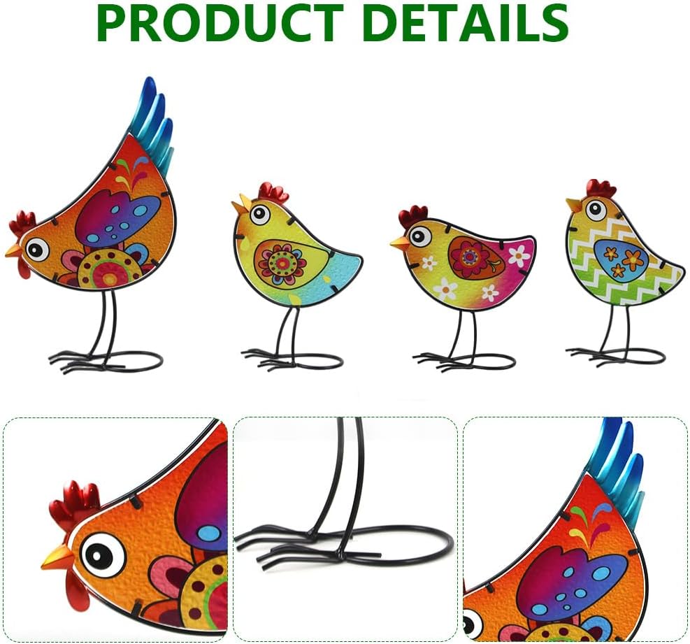4 Pack Chicken Garden Decor for Outside, Rooster Glass & Metal Yard Art Decoration for Porch Patio, Bird Garden Statues Gifts for Grandma Mom Women (Colorful)