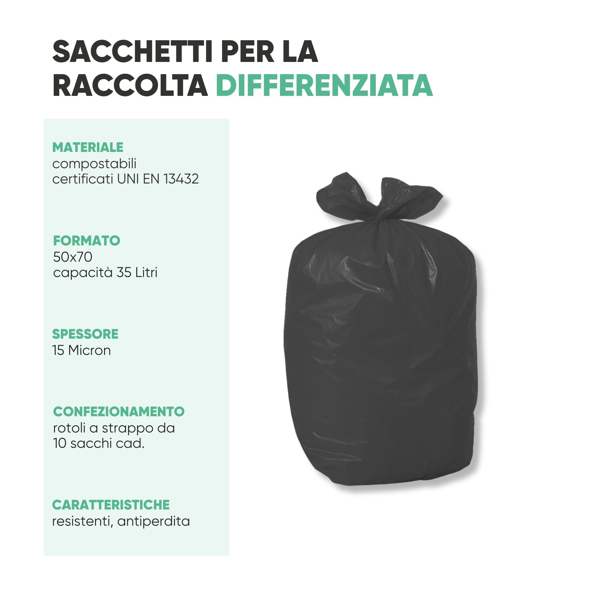 500 Buste Spazzatura per Indifferenziata - Resistenti, Antigoccia e con Grammatura Media - Multipack per Uso Domestico, Ufficio e Attività Commerciali - Nero, 50x70