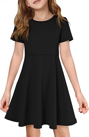 Imily Bela Girls Summer Short Sleeve Dress A Line Swing Basic Skater Twirl Party Dresses 5-14 Years