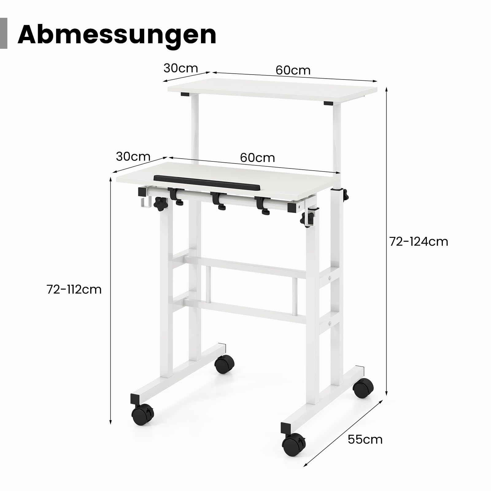 COSTWAY Stehpult Höhenverstellbar, mobiler Computertisch mit Rollen, neigbarer Tischplatte & 2 Haken, Schreibtisch, Steh-Sitz-Tisch, Laptoptisch für Zuhause, Büro (Weiß)