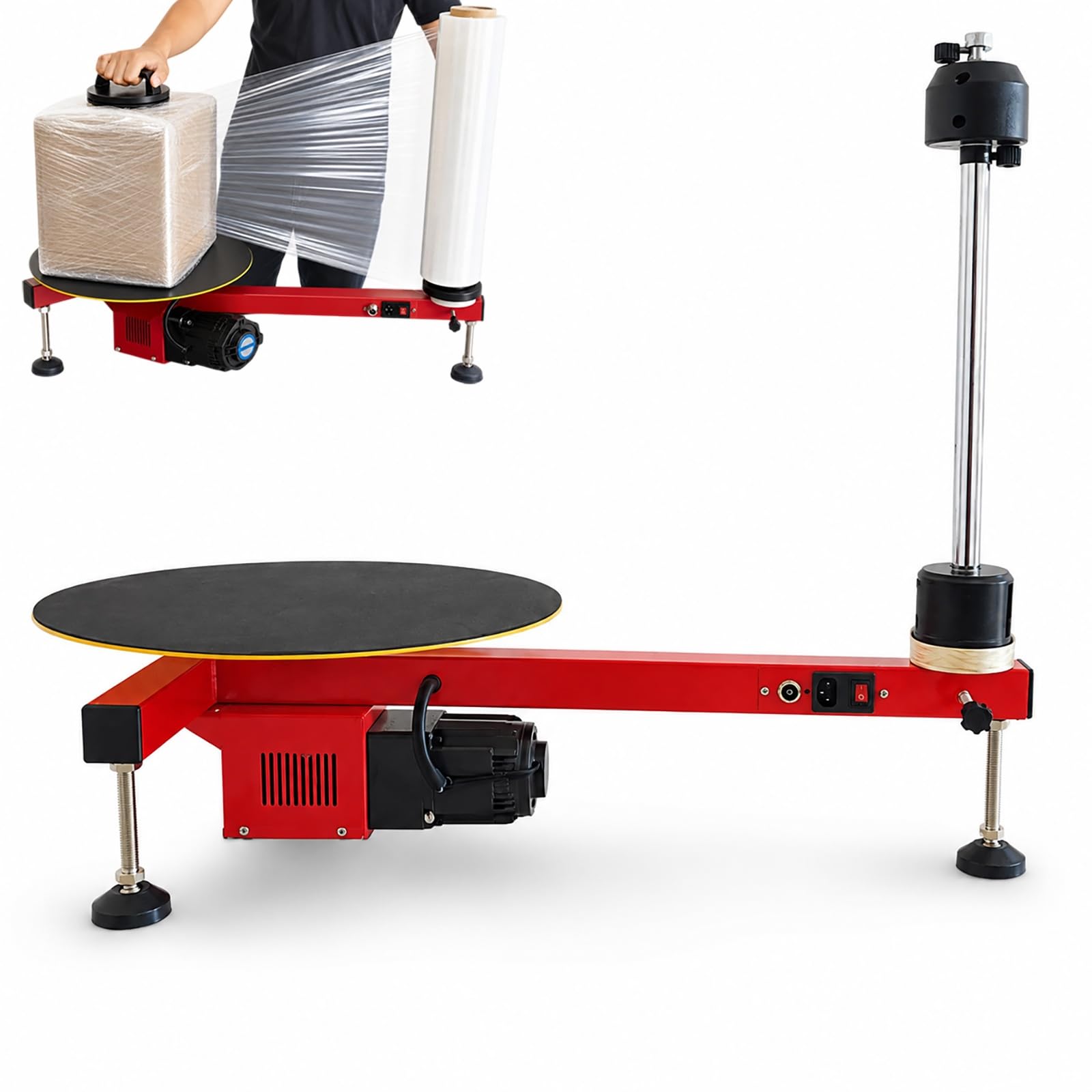Avvolgitrice elettrica da banco per imballaggio scatole | Comando a pedale, piattaforma girevole da 40 cm, velocità di rotazione 30 giri/min; ideale per scatole, postazioni