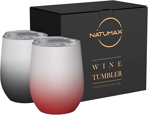 Vasos de vino con tapa, vasos de vino de acero inoxidable de 12 onzas sin tallo, doble pared aislada al vacío, taza de viaje para café, bebidas de NATUMAX
