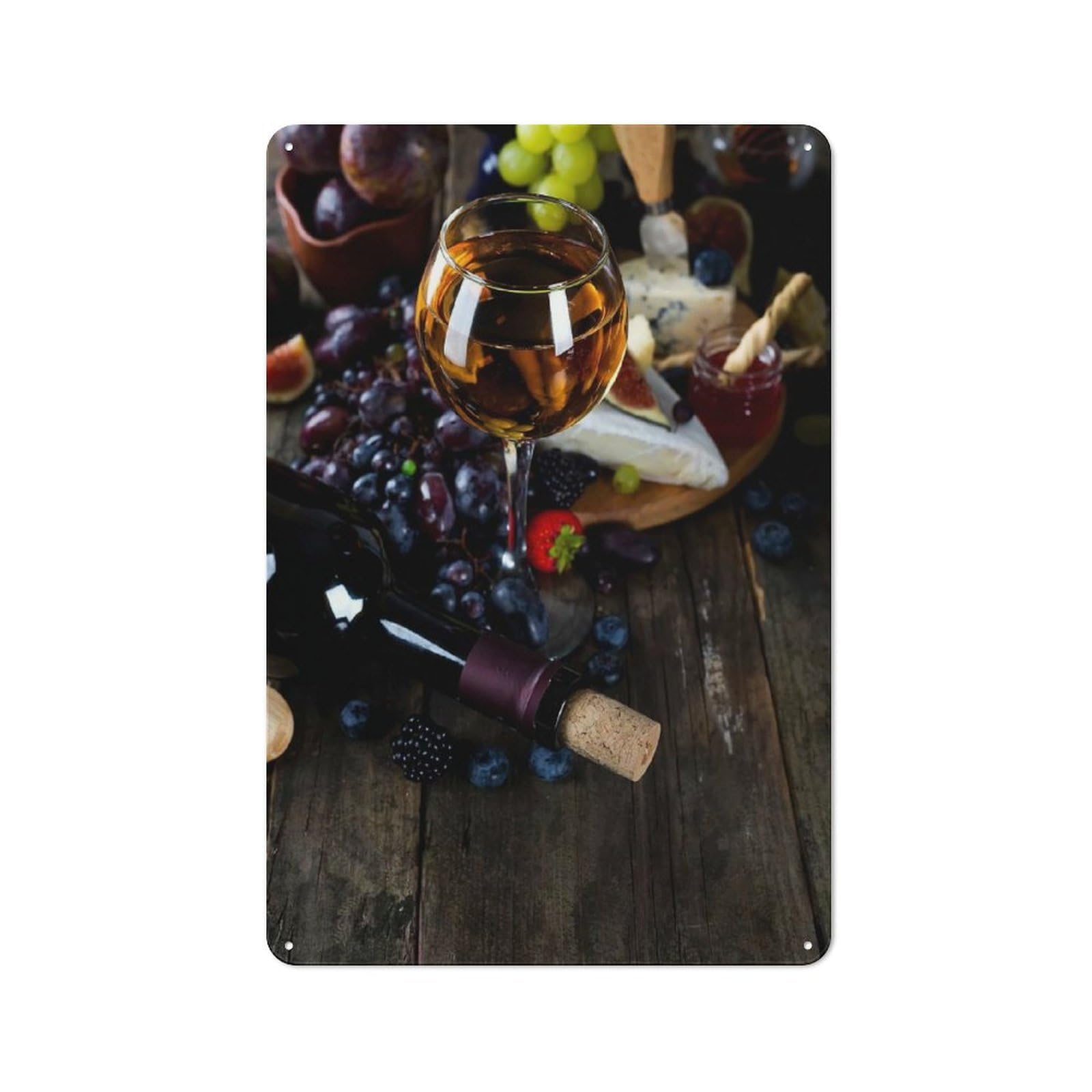 Junmoney White Wine With Grapes Bistro Metal Sign 30X20cm, Vintage Cafe Wall Decor For Takeaway, Bar, Kitchen Or Counter Area