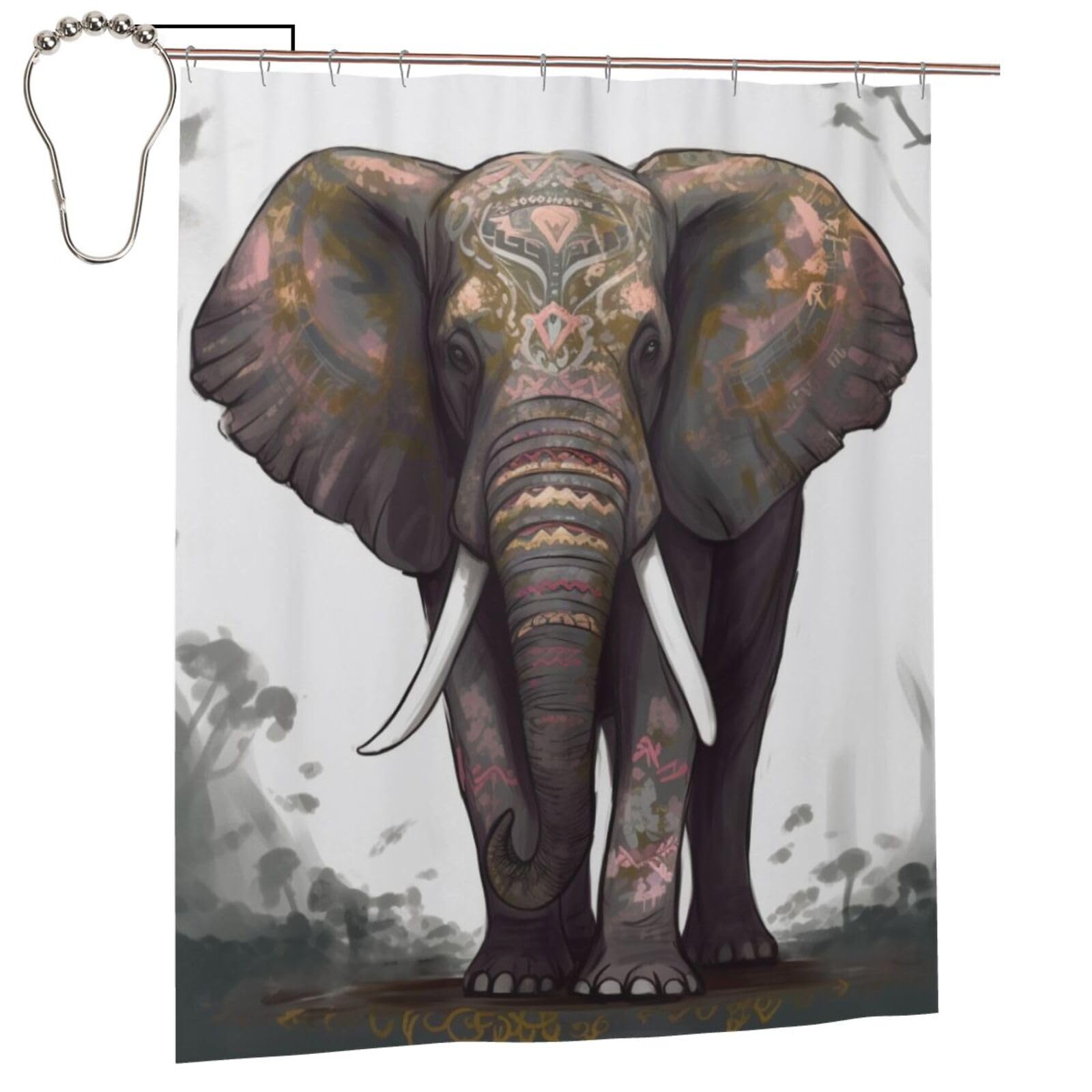 BWWHCCTI Elephant print Printed Shower Curtain With 12 Iron Hooks Opaque Quick Drying Waterproof Shower Curtains Sets For Bathroom 152x183 Cm