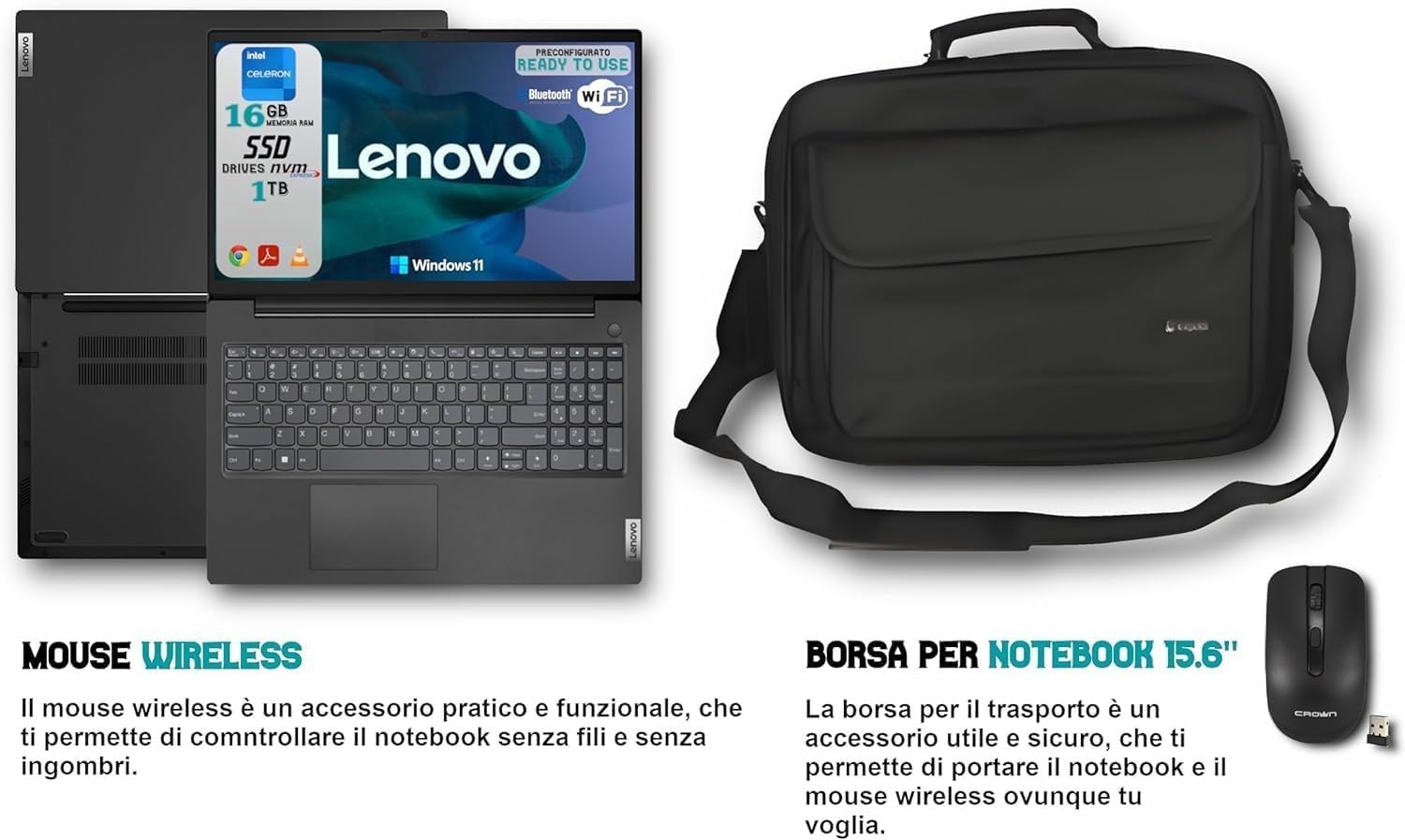 Lenovo Notebook Portatile V15-IJL Processore N4500, Ram 16GB, SSD 1TB, Sistema Operativo Windows 11 Professional, Compatibile con Office 2021 Preattivato, Borsa e Mouse IN OMAGGIO