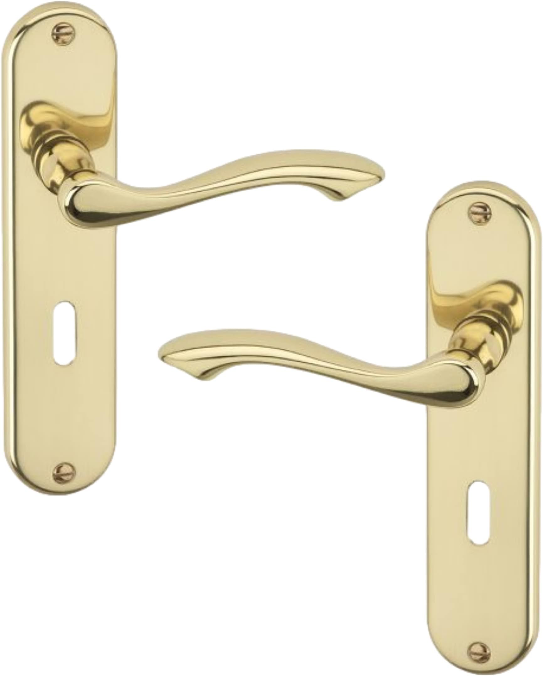 URFIC Polished Brass Door Handle for Internal and External Doors Kensington Set of 2 Lever Lock on Plate.  Sleek Design Levers for Wooden, Kitchen and Bedroom Interior and Exterior Doors.