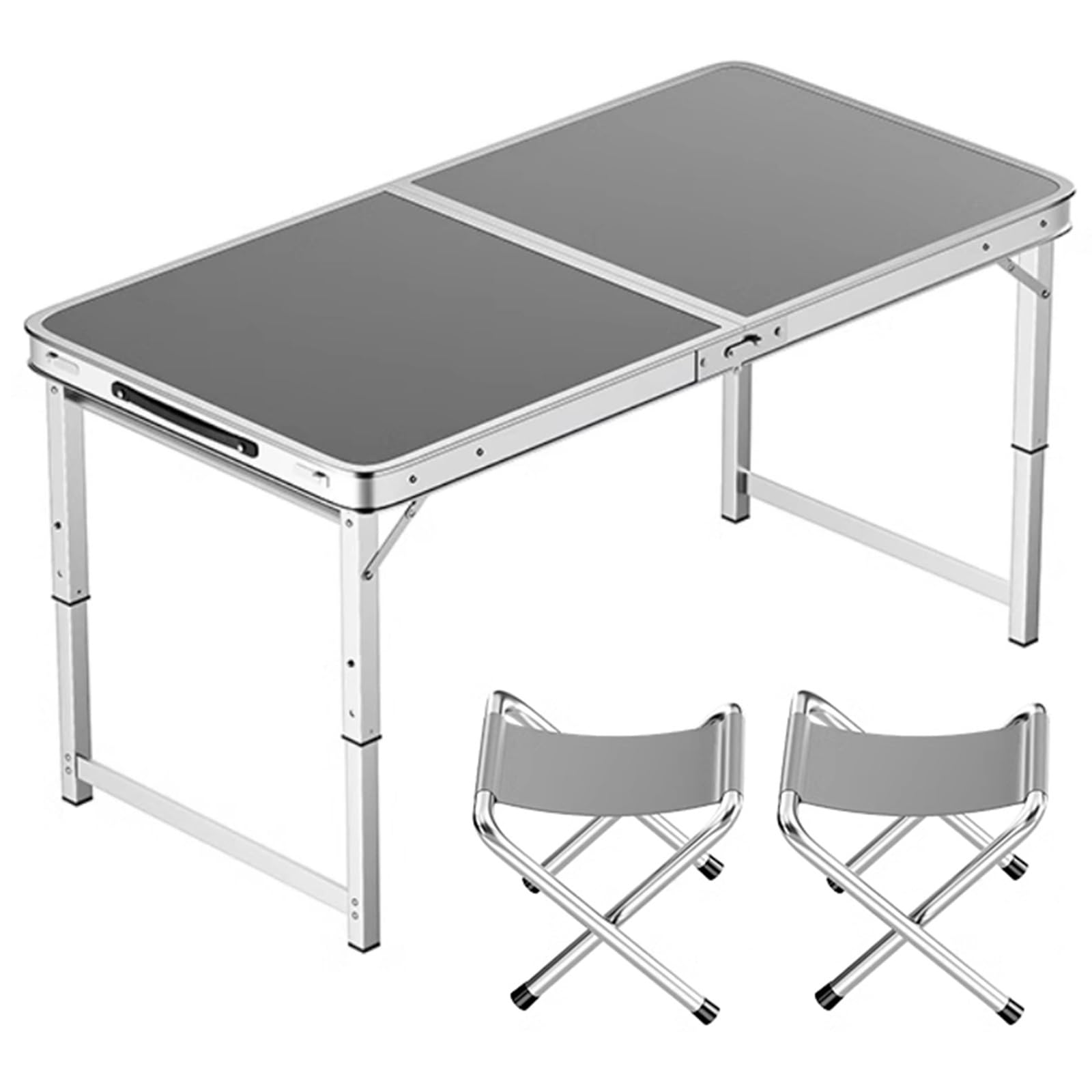 Aluminiowy składany stół o regulowanej wysokości, przenośny stół kempingowy z uchwytem, do wewnątrz, stół cateringowy, na imprezę, piknik, ślub, 100 x 50 cm, szary + 2 stołki)
