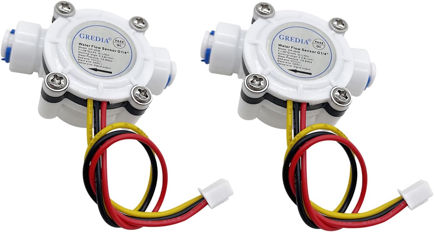 1/4" Quick Connect Water Flow Sensor Food-Grade Switch Hall Effect Flowmeter Fluid Meter Counter 0.3-6L/min (Pack of 2）