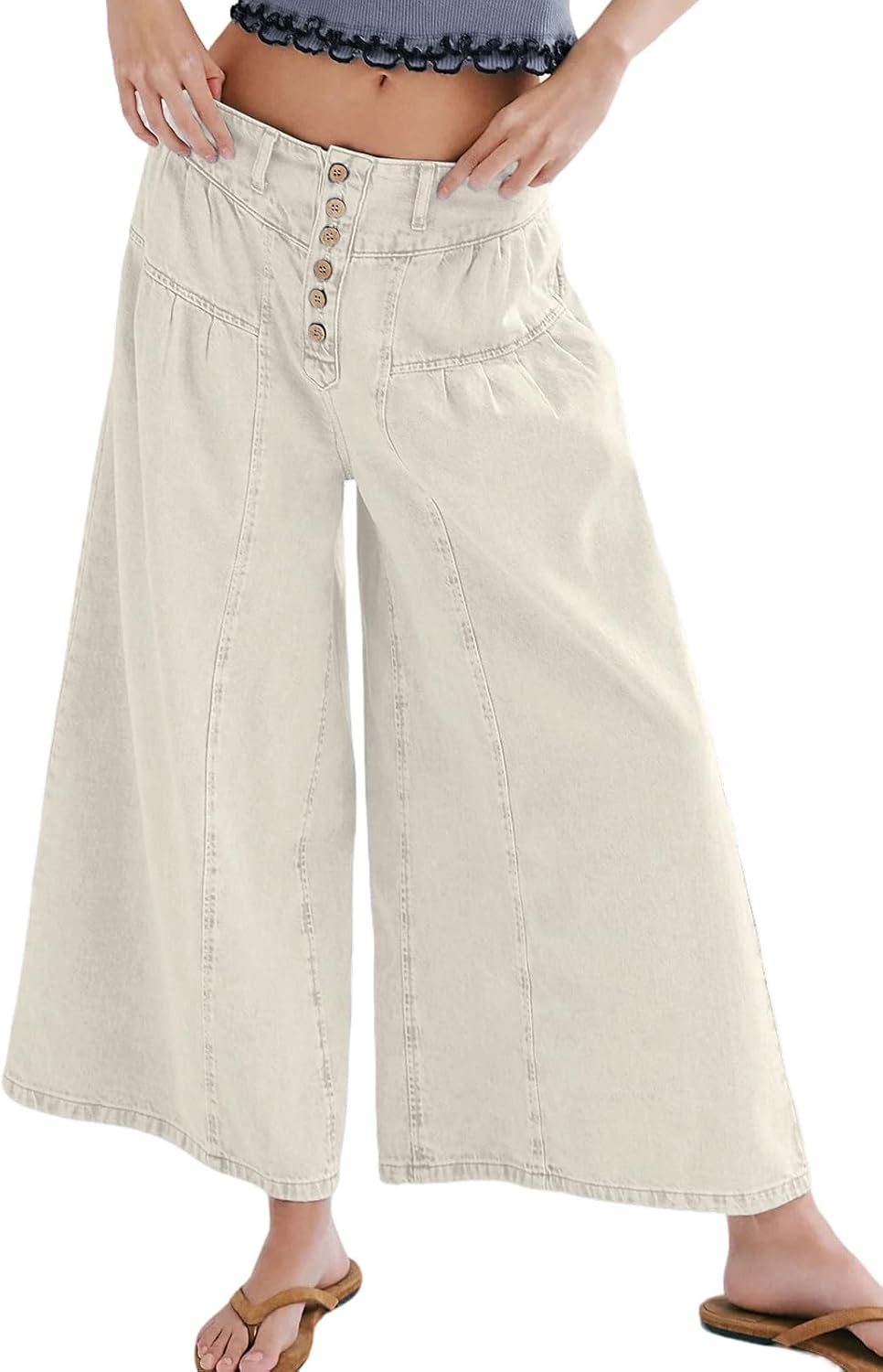 CHARTOU Women Flare Wide Leg Jeans Baggy Cropped Mid Rise Jeans Pleated Ruffle Denim Pants with Pockets