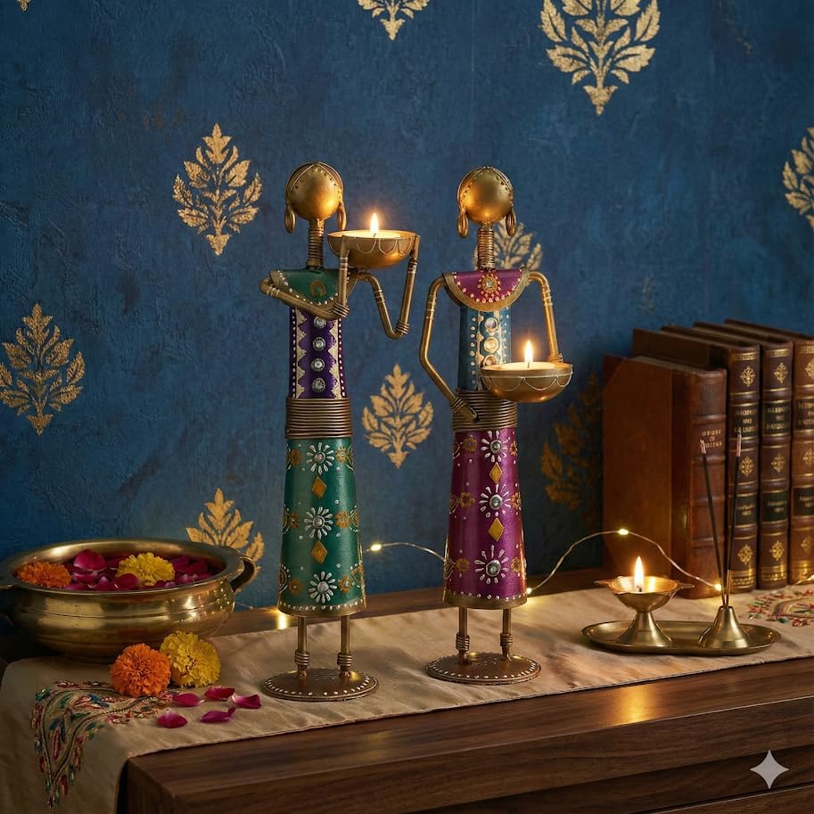 ZXC Rajasthani Lady Metal Tea Light Candle Holder Set of 2 | Handmade Traditional Indian Woman Figurine Diya Stand | Ethnic Iron Home Decor Showpiece for & Festive Decoration for Best Gifting-image-14