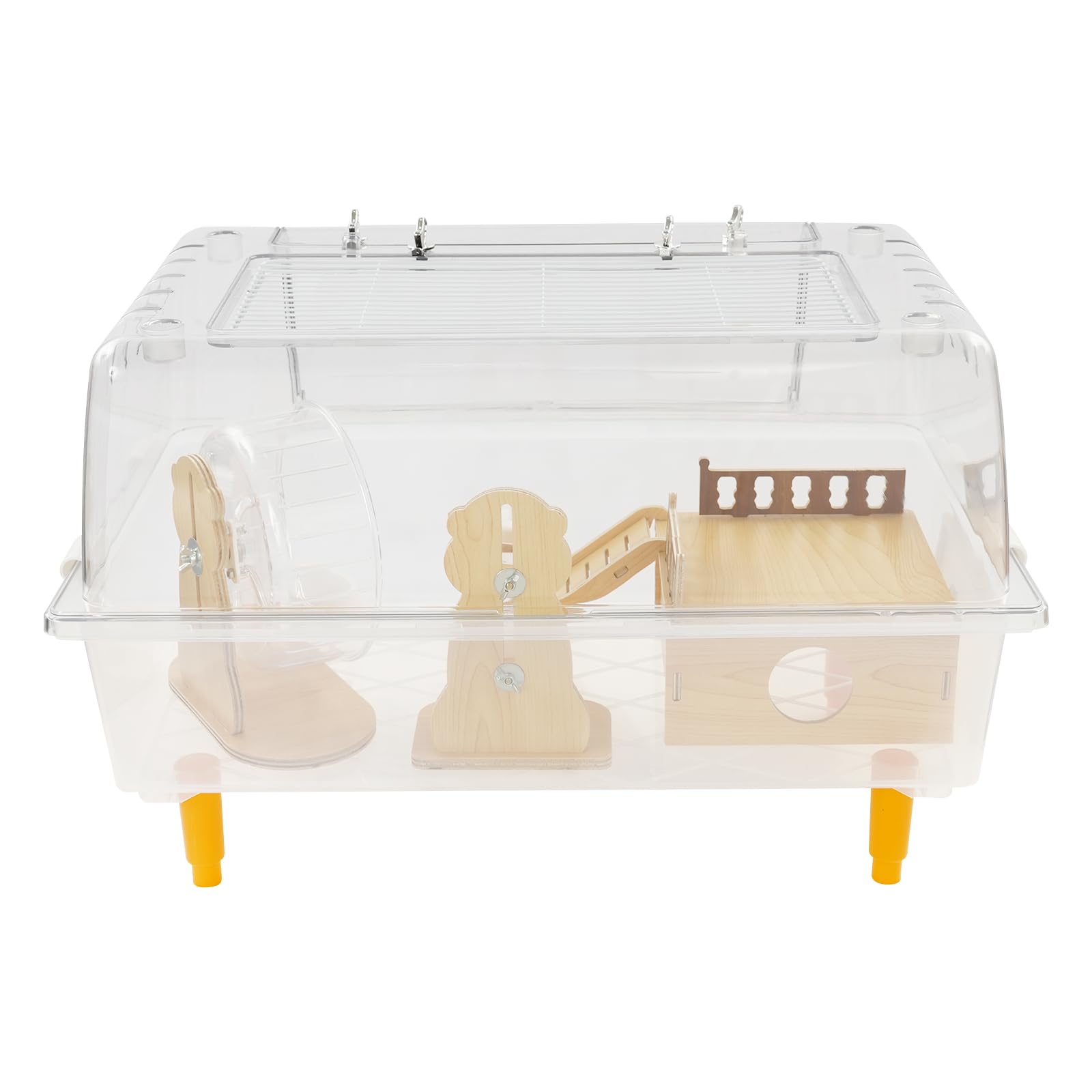 Gabbia per criceti, per piccoli animali, vista a 360°, trasparente, 60 x 38 x 32 cm, con girante, bottiglia d'acqua, ciotola per cibo e casetta, impilabile, per criceti e porcellini d'India