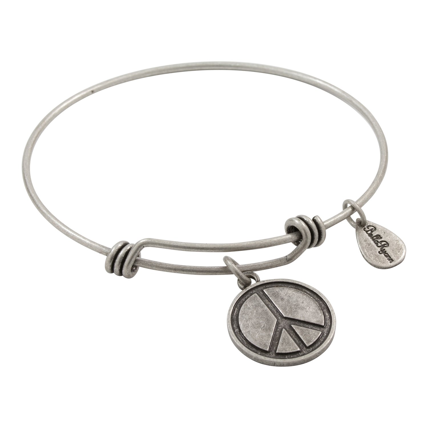 Bella Ryann Adjustable Expandable Silvertone Wire Bangle Bracelet With Peace Sign Pendant Charm, silvertone, no gemstone