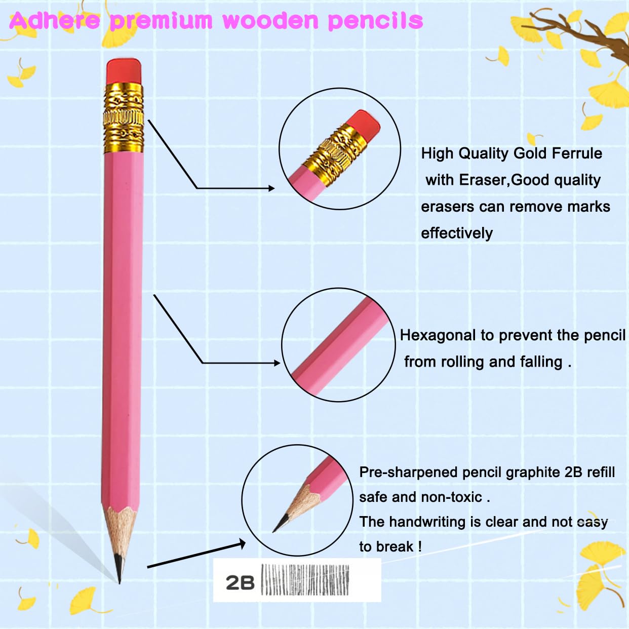 Adhere 25 x Golf-Bleistifte mit Radiergummi, sechseckige Holzstifte, Graphit 2B, für Golf-Events, Klassenzimmer, Hochzeit, Firmenbesprechungen, Kirchenbänke, Pocket (z-Pink, Sechseck, 50 Stück)