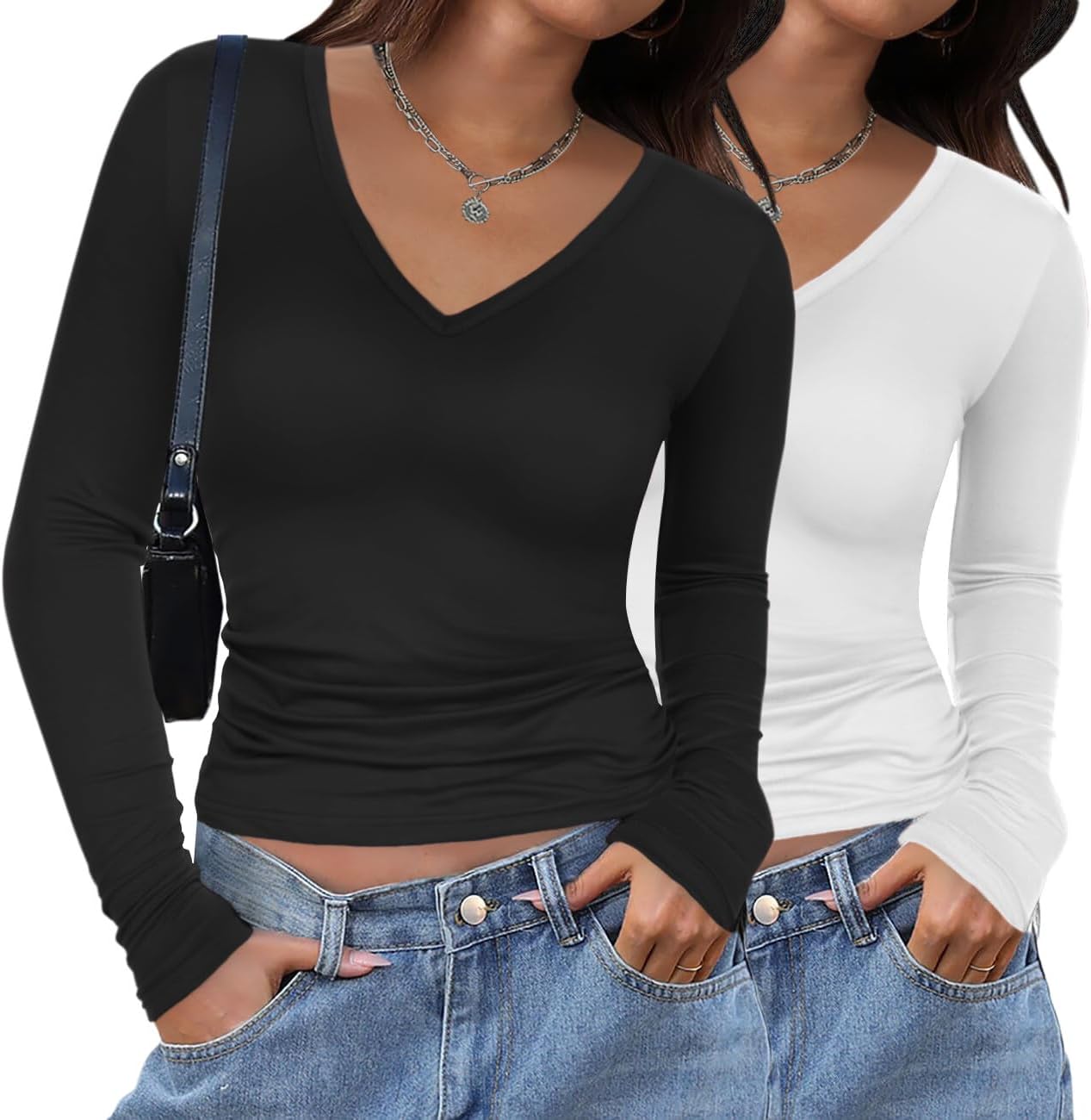 Zeagoo Women 2 Pack Long Sleeve Shirts V Neck T Shirts Casual Thermal Tops Slim Fit Basic Tight Tees Going Out Top Large 01-white+black