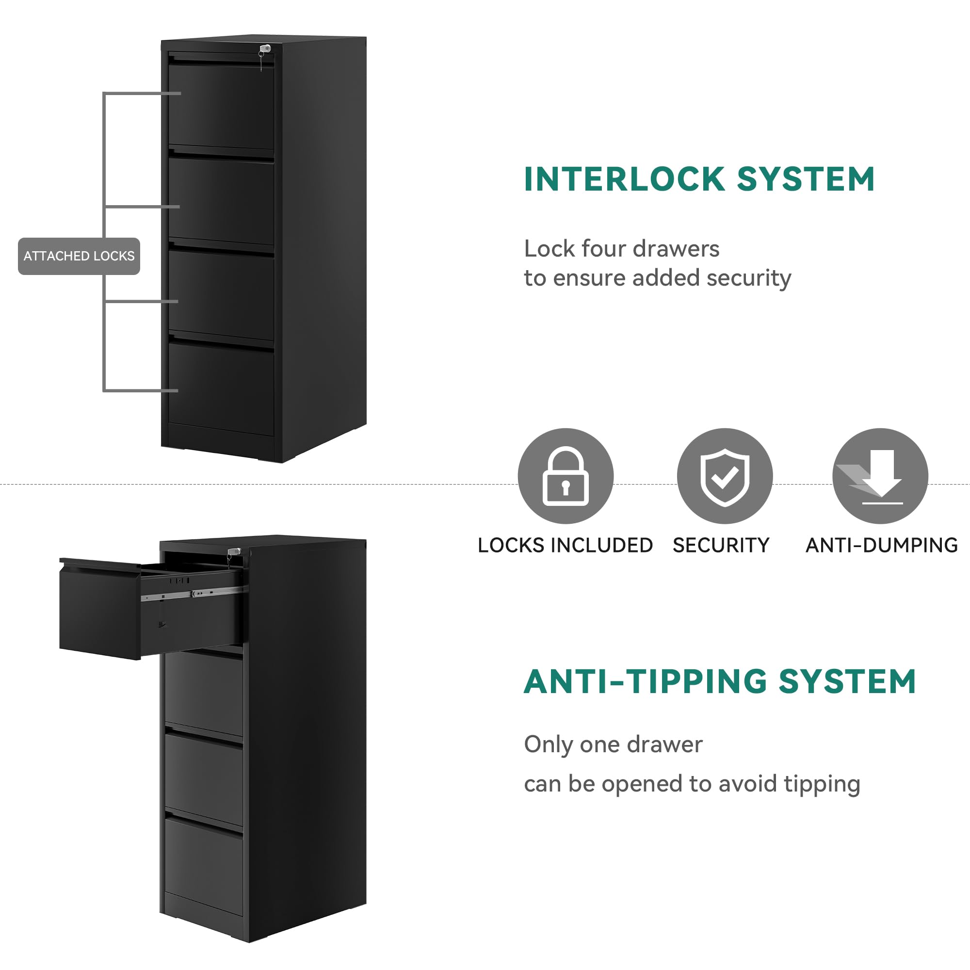 YITAHOME Aktenschrank mit 4 Abschließbaren Schubladen, Kippsicherer Rollender Aktenschrank mit Rädern für das Büro zu Hause, Unter-Pult-Aktenschränke, schwarz, 62 x 45.8 x 133cm