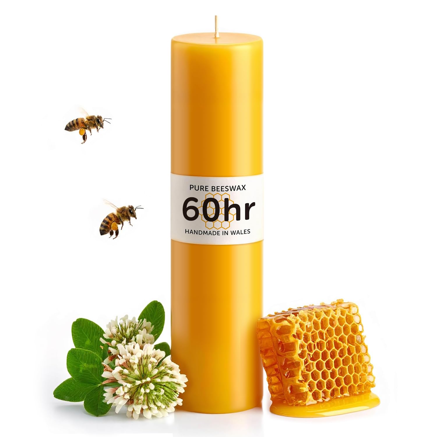 Beewarm Candles Natural Beeswax 60Hr Pure Beeswax Pillar Candle - Handmade In Wales - Candles For Home Decor - Perfect For Relaxation And Ambiance