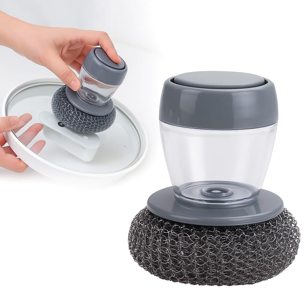 2-in-1 Soap Dispensing Palm Dish Brush with Liquid Dispenser | Replaceable Steel Wire Ball & Sponge Scrubber | Non-Slip Handle | Kitchen Cleaning Brush for Pots, Pans, Sinks & Utensils (2)-image-2