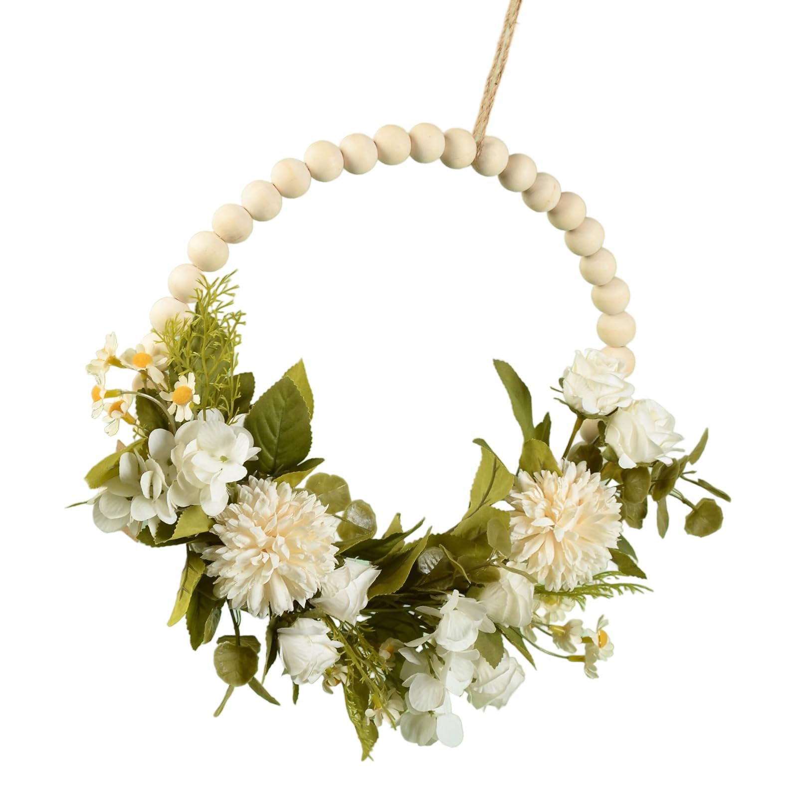 Xinsheinelry Artificial Flower Wood Beads Wreath Spring Wreath Decoration for Front Door Farmhouses Wedding Thanksgiving Decoration Valentines Day