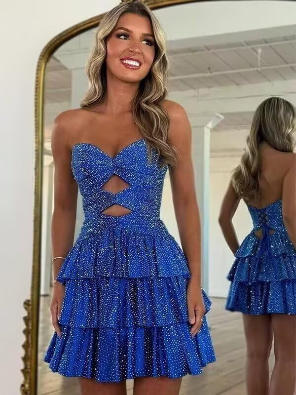 Women's Short Sequins Tiered Homecoming Dresses Sweetheart Neck Backless Prom Gowns ZFF0343