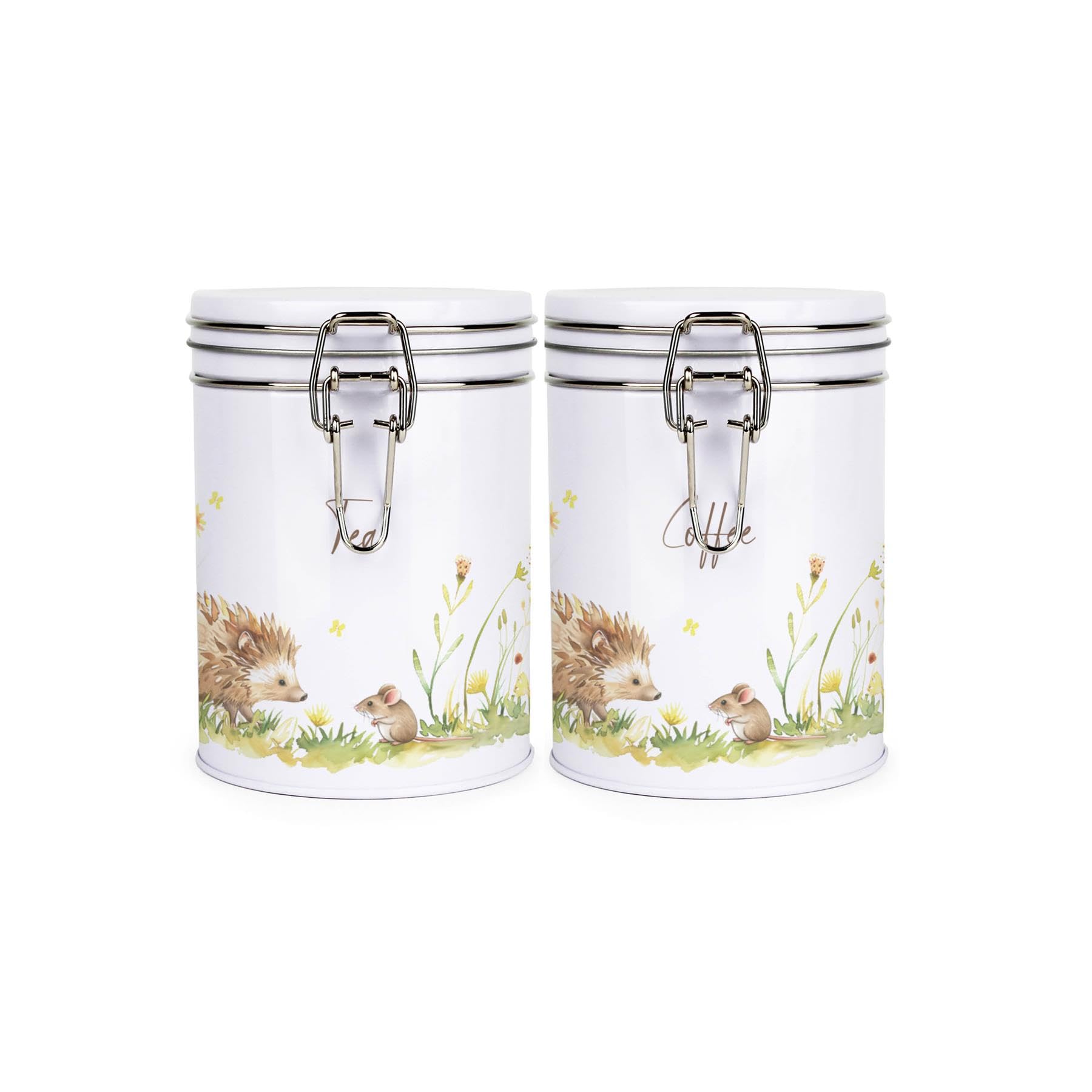 Purely Home Hedgehog & Mouse Tea and Coffee Canister Set - White Metal Clip Lid Kitchen Storage Jars/Containers Gift 700ml (13cm x 9.5cm)
