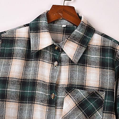 Women Plaid Jacket Single Breasted Pocket Splicing Long Sleeve Woolen Jacket Coat Female Tops Shirt Blouse H-Green #TOP6