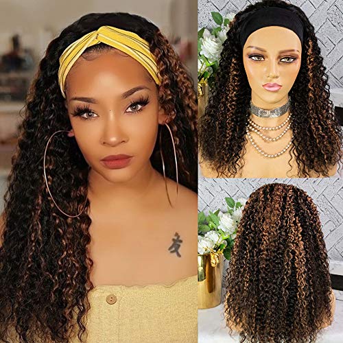 Highlights Headband Wig Human Hair Curly Glueless None Lace Front Wig Ombre Brown Deep Wave Natural Human Hair Headband Wigs for Women 150% Density 16 Inch