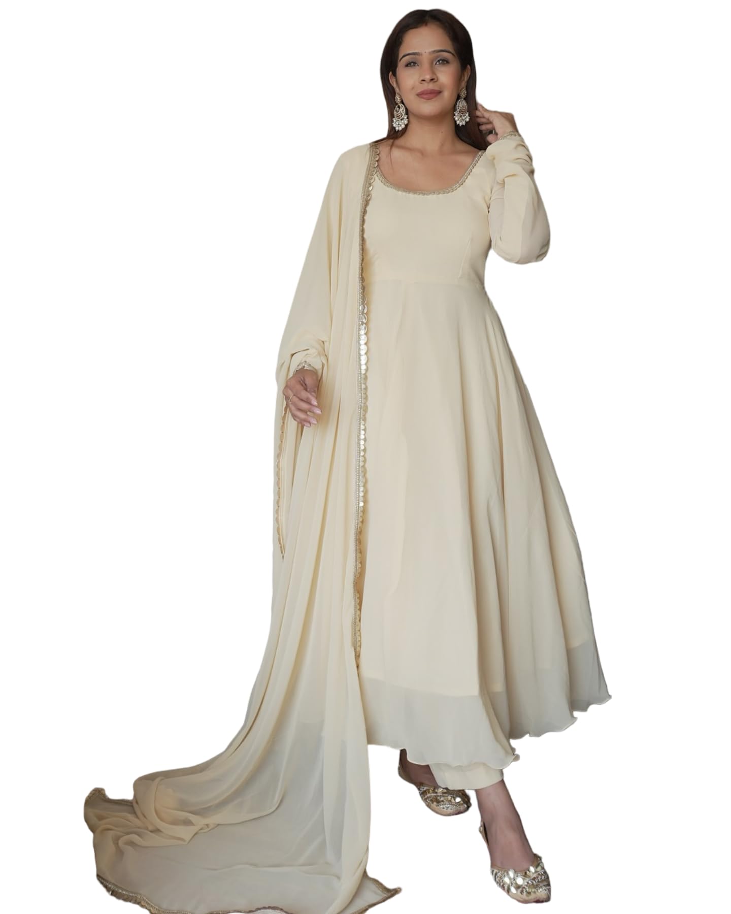 The Red Lion Enterprise Women’s Ivory Color Anarkali Kurti Set in Georgette with Pant and Embroidered Dupatta Party Wear, Ivory, XL