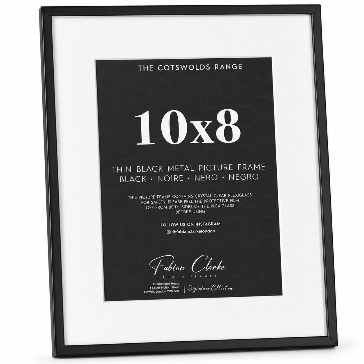 Fabian Clarke Cotswolds Thin Black Metal Picture Frame with White Mount, Shatterproof Plexiglass, Freestanding & Wall Mounted Photo Frame, Modern Picture Frame (10x8)
