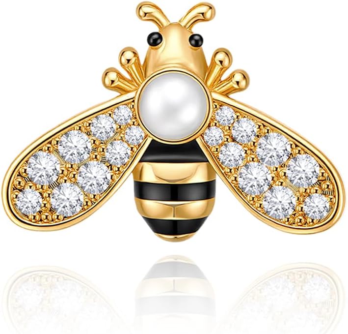 Cicy Bell Womens Bee Brooch Pin 18K Gold Plated Oval Pearl Cubic Zirconia Birthday Pin Vin