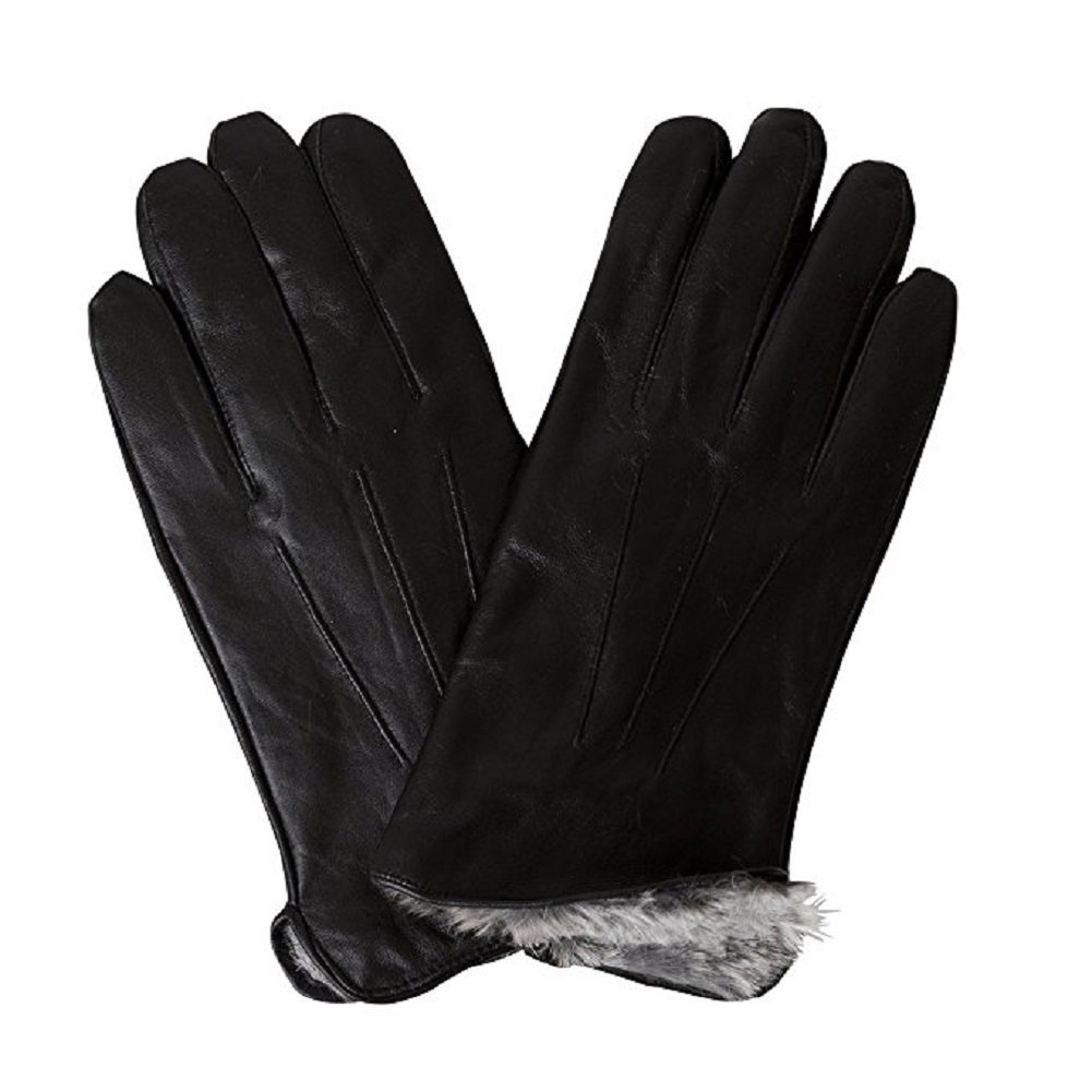 Bon Bonito Men's Rabbit Fur Lined Genuine Soft Black Leather Gloves