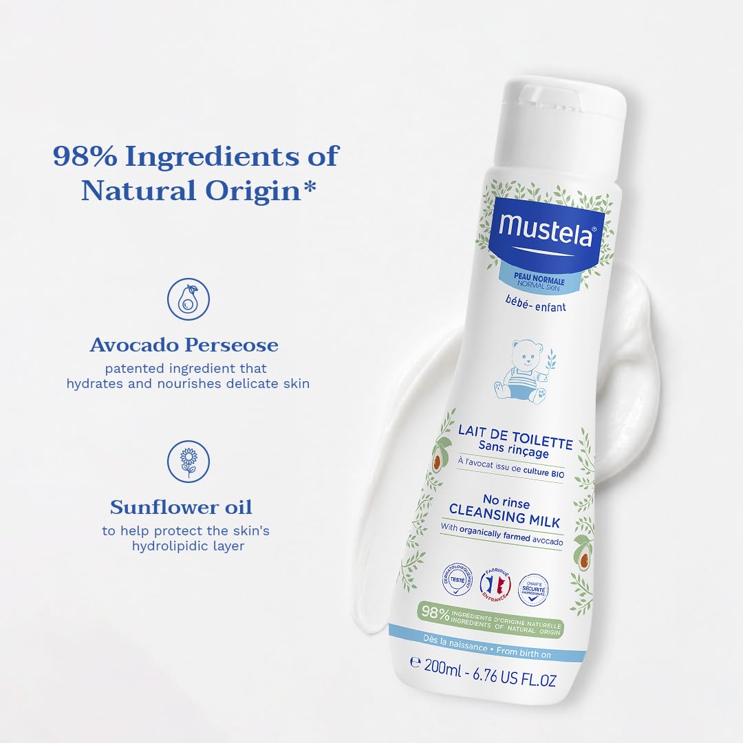 Mustela Latte di Toilette al Perseose d'Avocado BIO 200ml Deterge Senza Risciacquo 98% Ingredienti di Origine Naturale