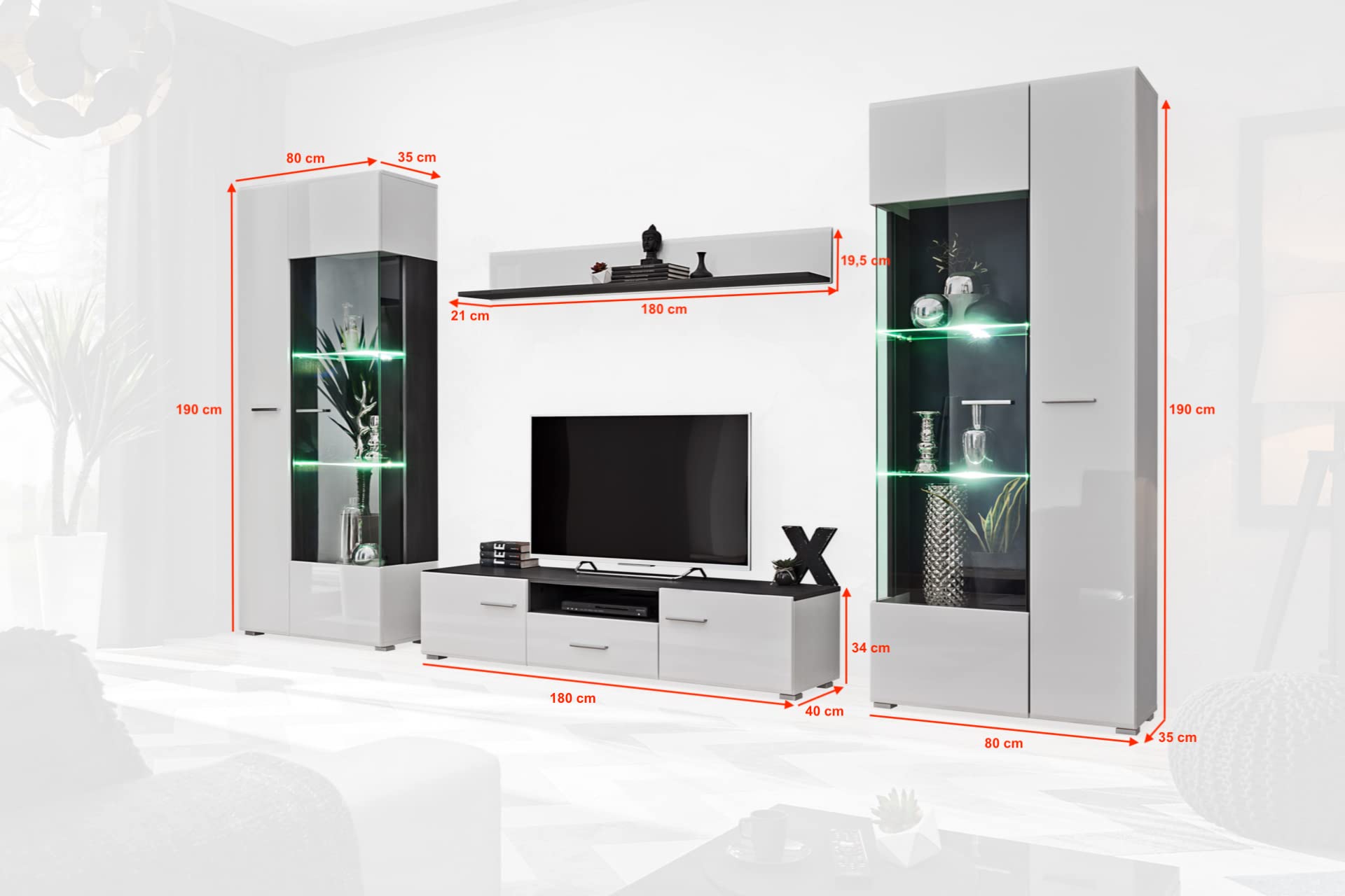 Generisch Wohnwand SOLIDO Twin Wohnzimmerset TV Wand Weiß Hochglanz Anbauwand Wohnzimmer Fernsehwand